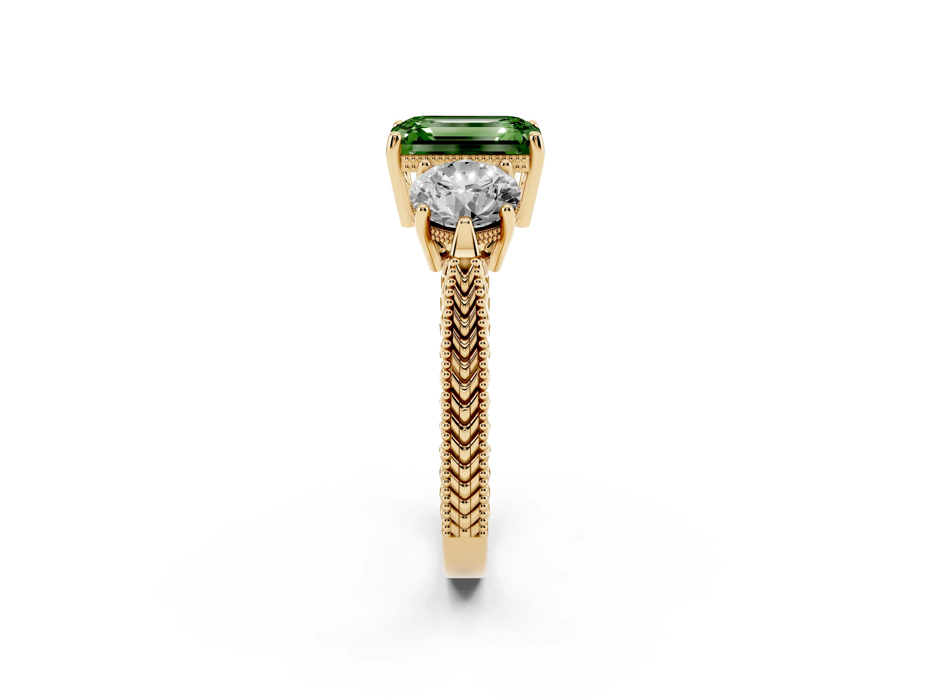 Fancy Green Emerald Cut Diamond Three-Stone Ring Set in Yellow gold with Milgrain Band