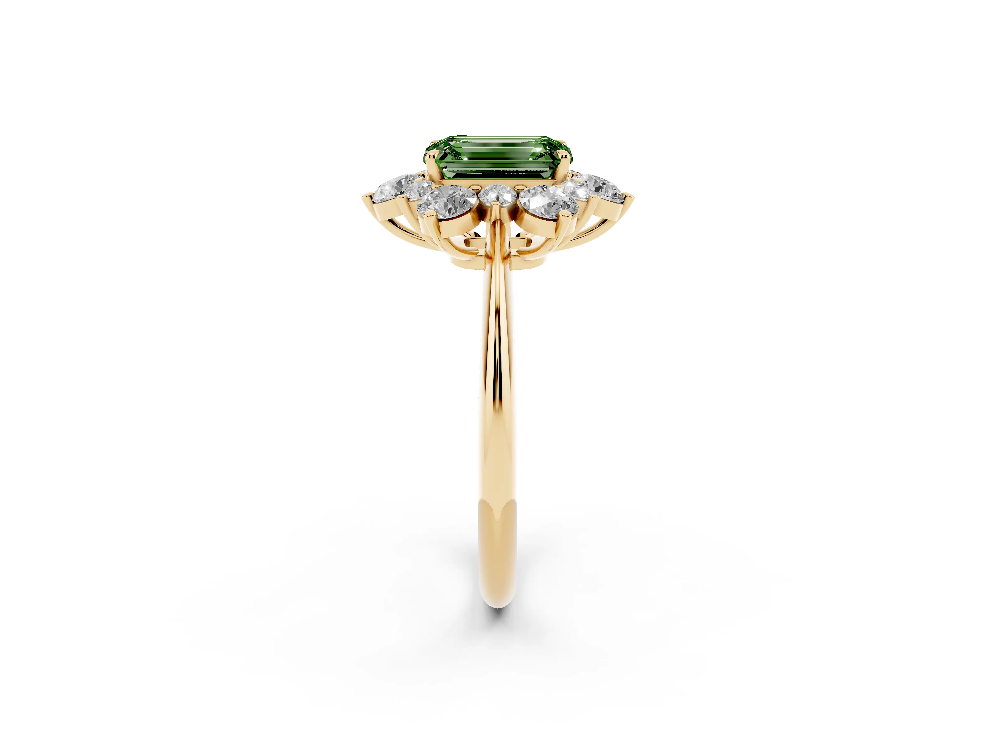 Fancy Green Emerald Cut Diamond Cluster Halo Ring Set in Yellow gold with Solitaire Band and Prong Setting