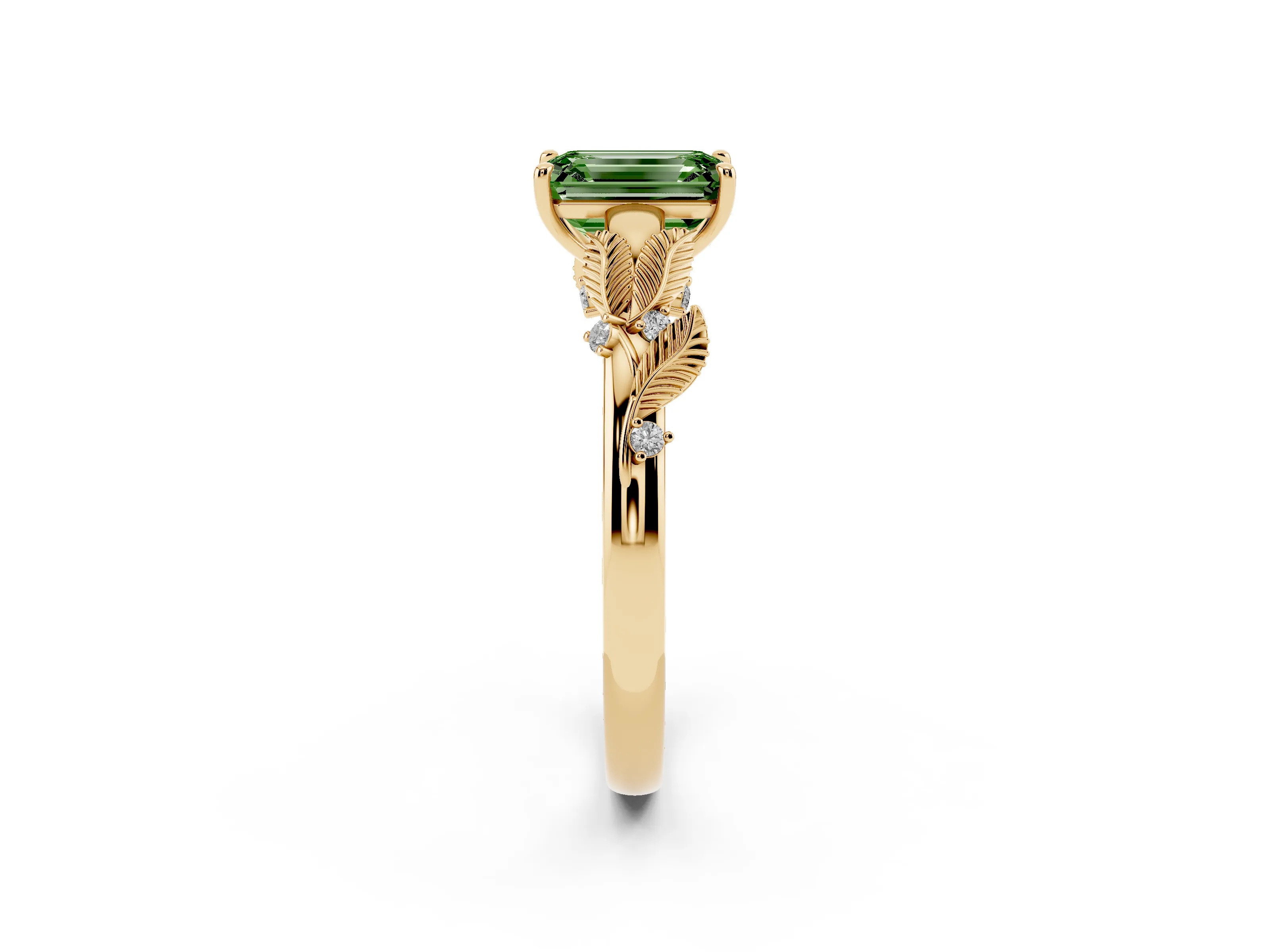 Fancy Green Emerald Cut Diamond Solitaire Ring Set in Yellow gold with Leaf Motif Band