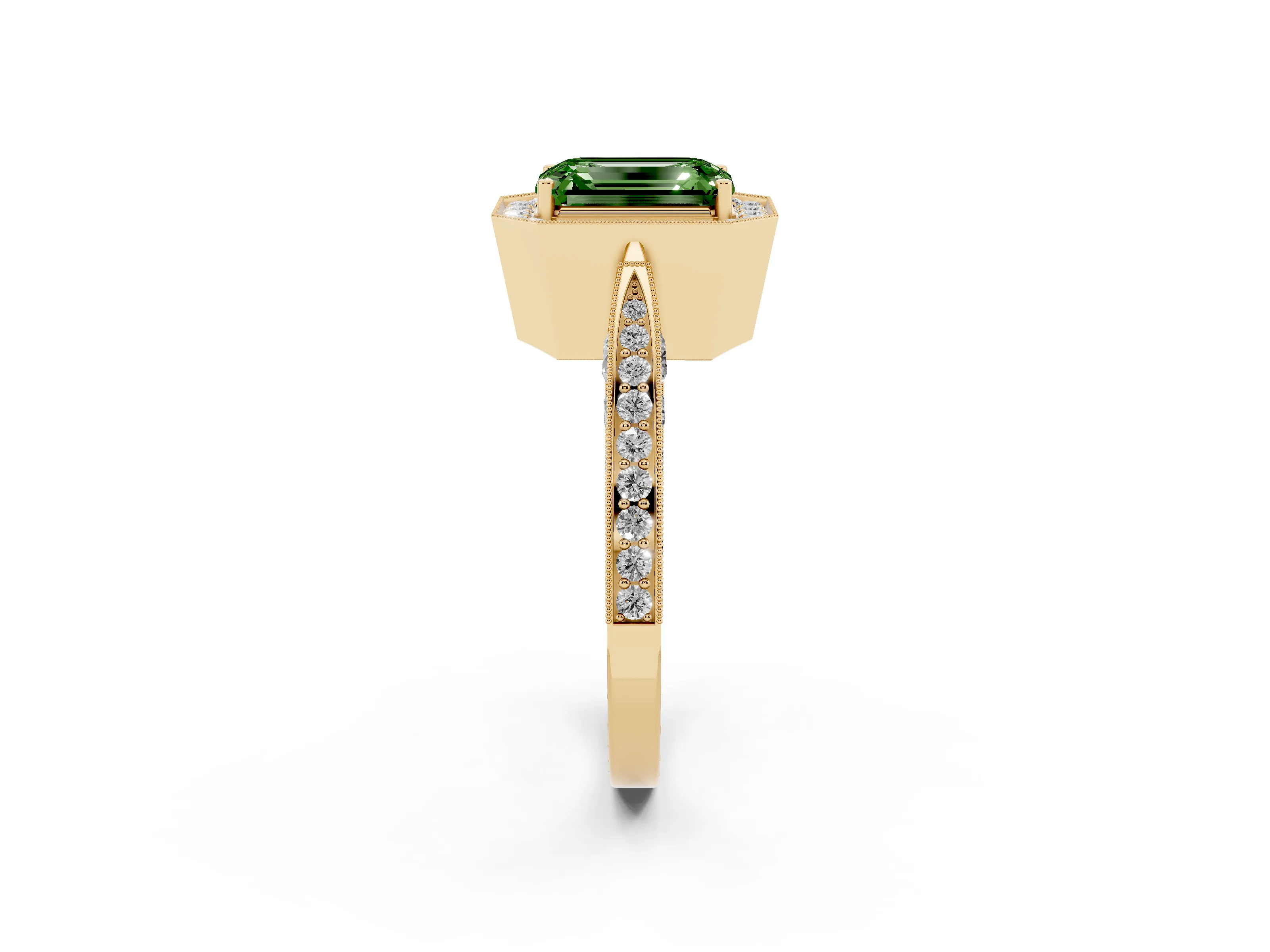 Fancy Green Emerald Cut Diamond Halo Engagement Ring Set in Yellow gold with Accent Split Shank Band