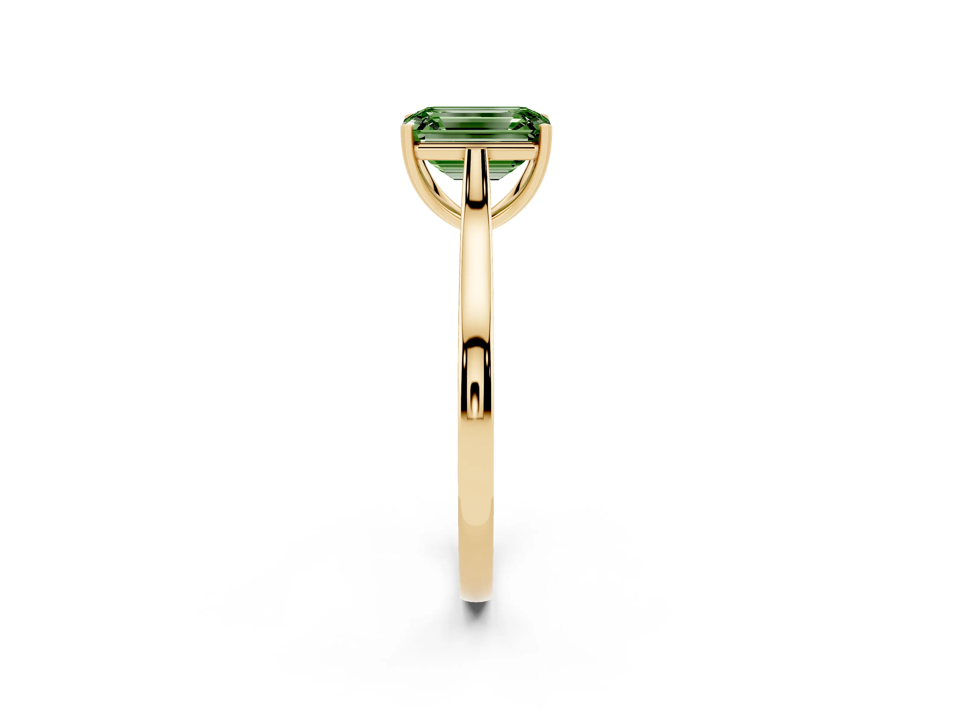 Fancy Green Emerald Cut Diamond Solitaire Heart Prong Engagement Ring Set in Yellow gold with Tapered Band