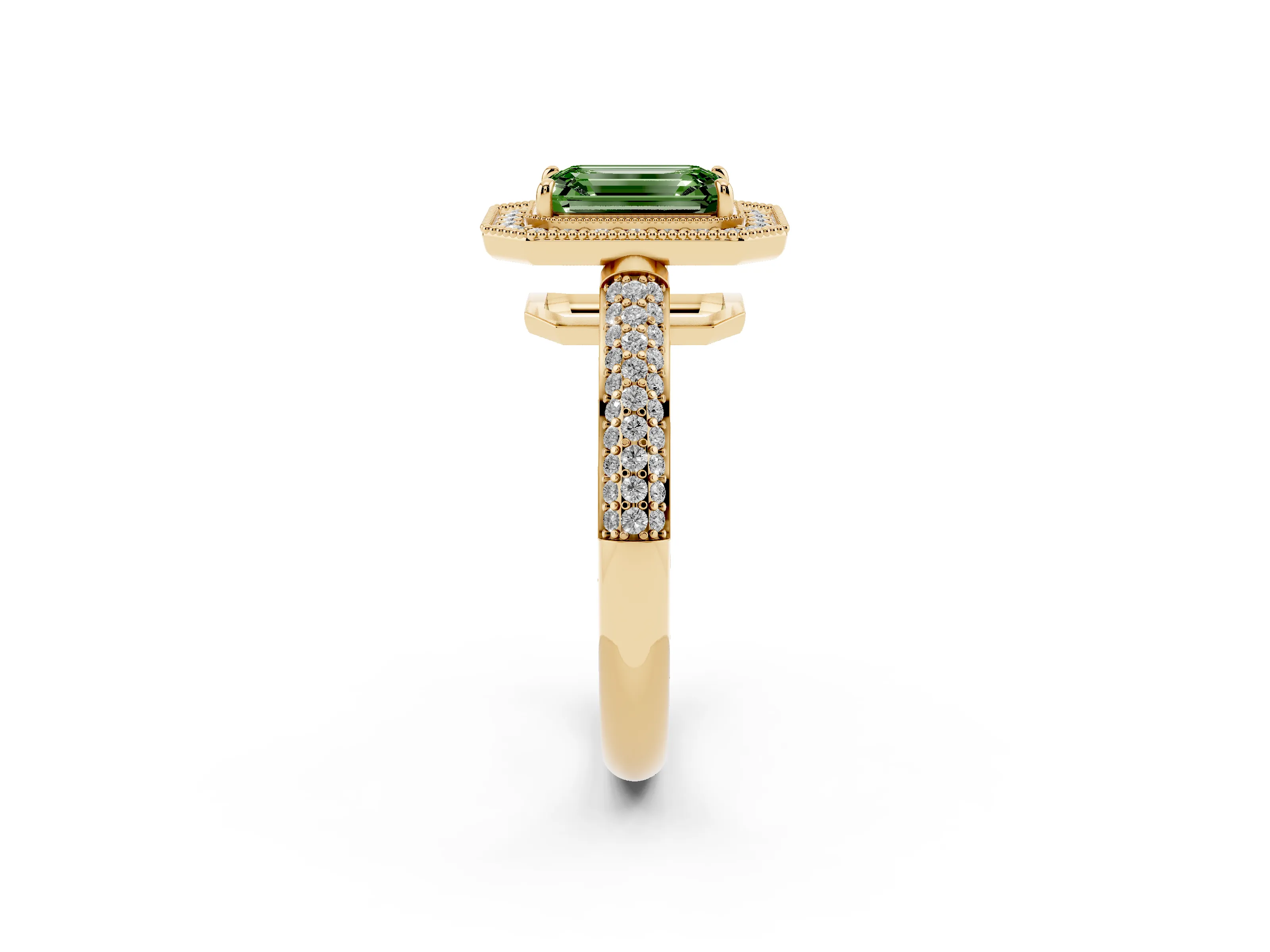 Fancy Green Emerald Cut Diamond Halo Pavé Band Set in Yellow gold with Prong Setting