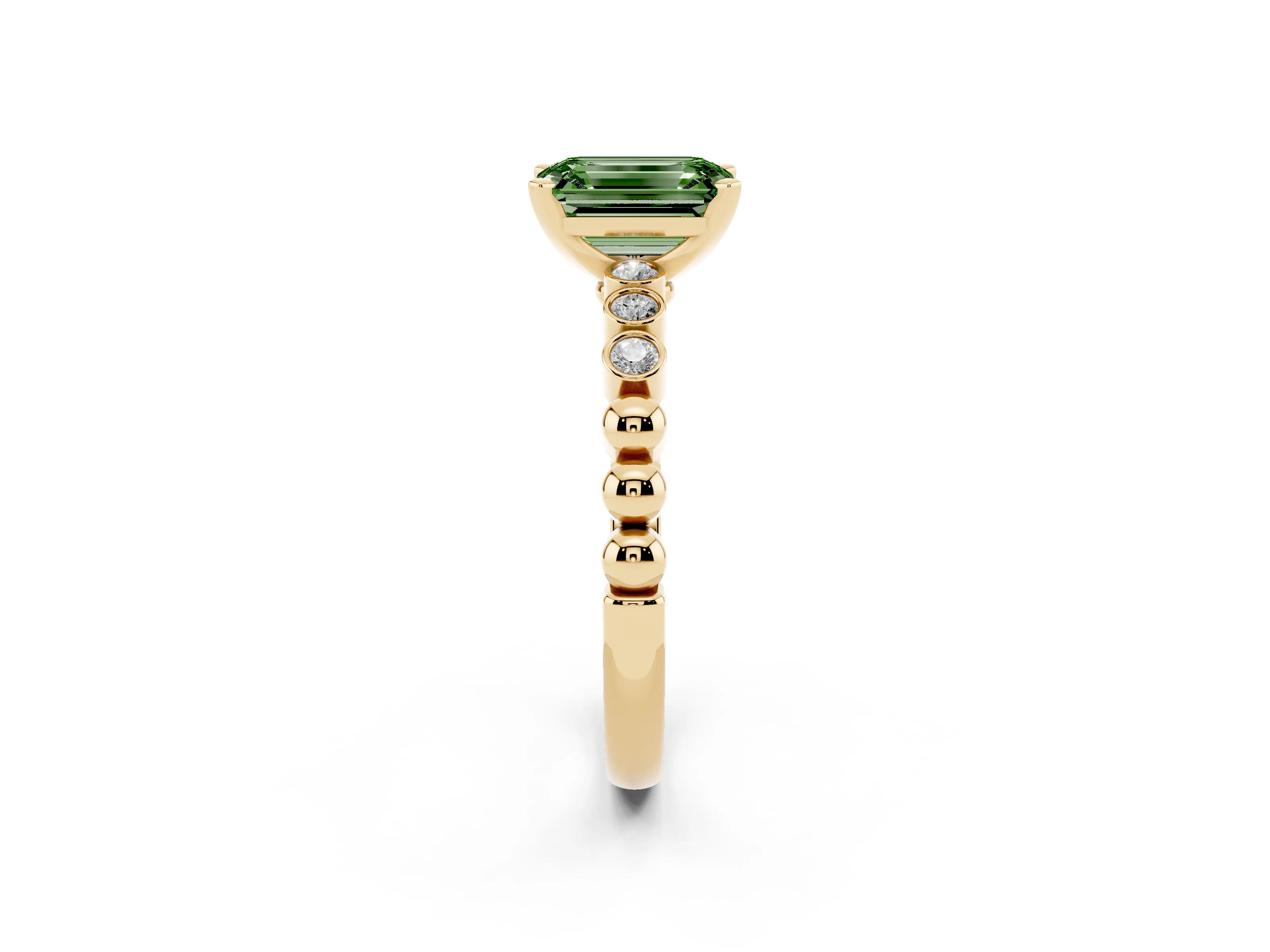 Fancy Green Emerald Cut Diamond Solitaire Engagement Ring Set in Yellow gold with Bezel Accents on Beaded Band