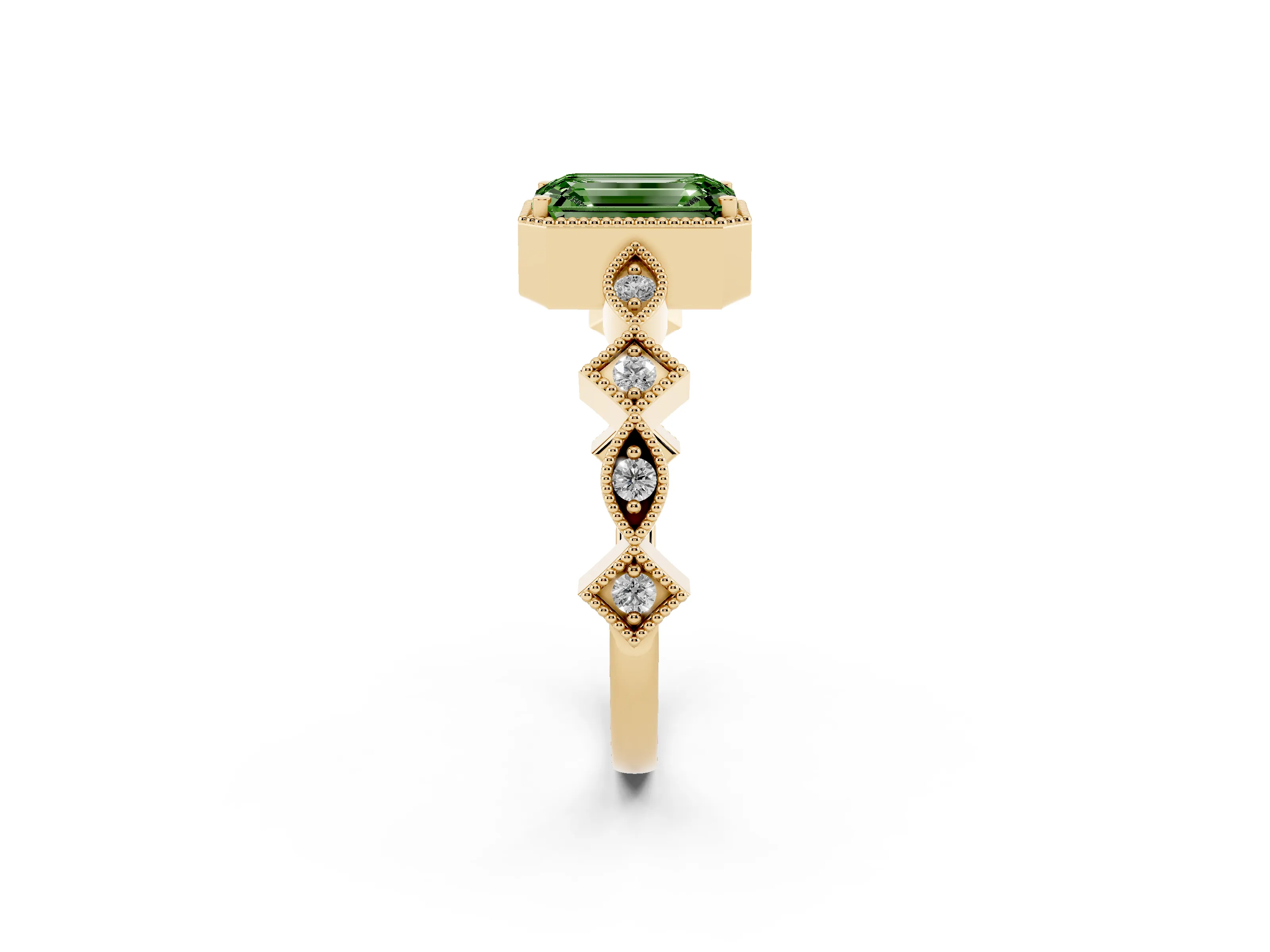 Fancy Green Emerald Cut Diamond Milgrain Marquise Twist Band Ring Set in Yellow gold with Prong Setting
