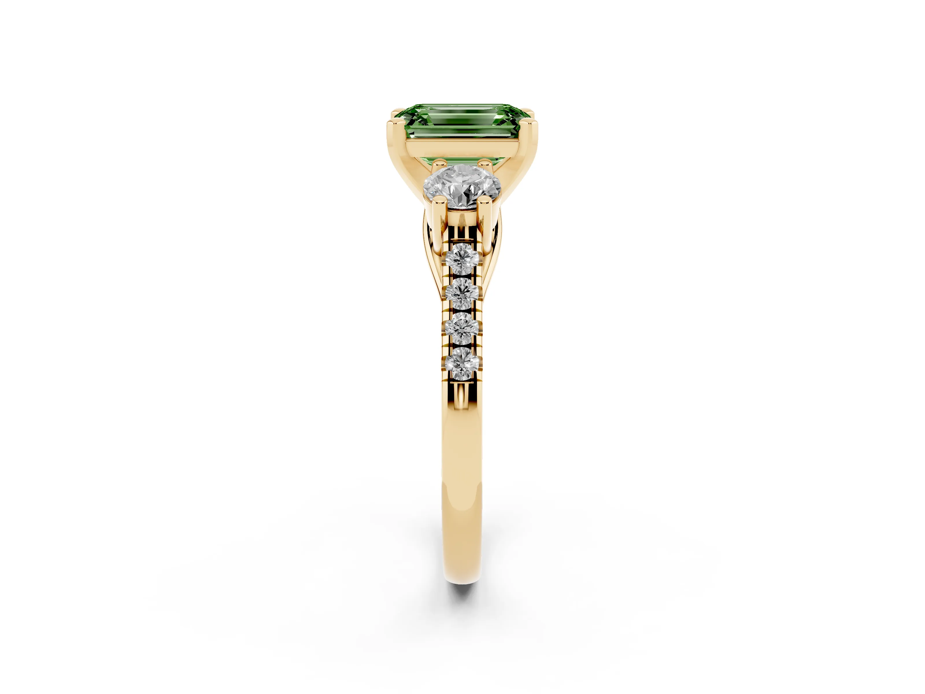 Fancy Green Three-Stone Emerald Cut Diamond Pavé Band Ring Set in Yellow gold with Prong-Set Trio