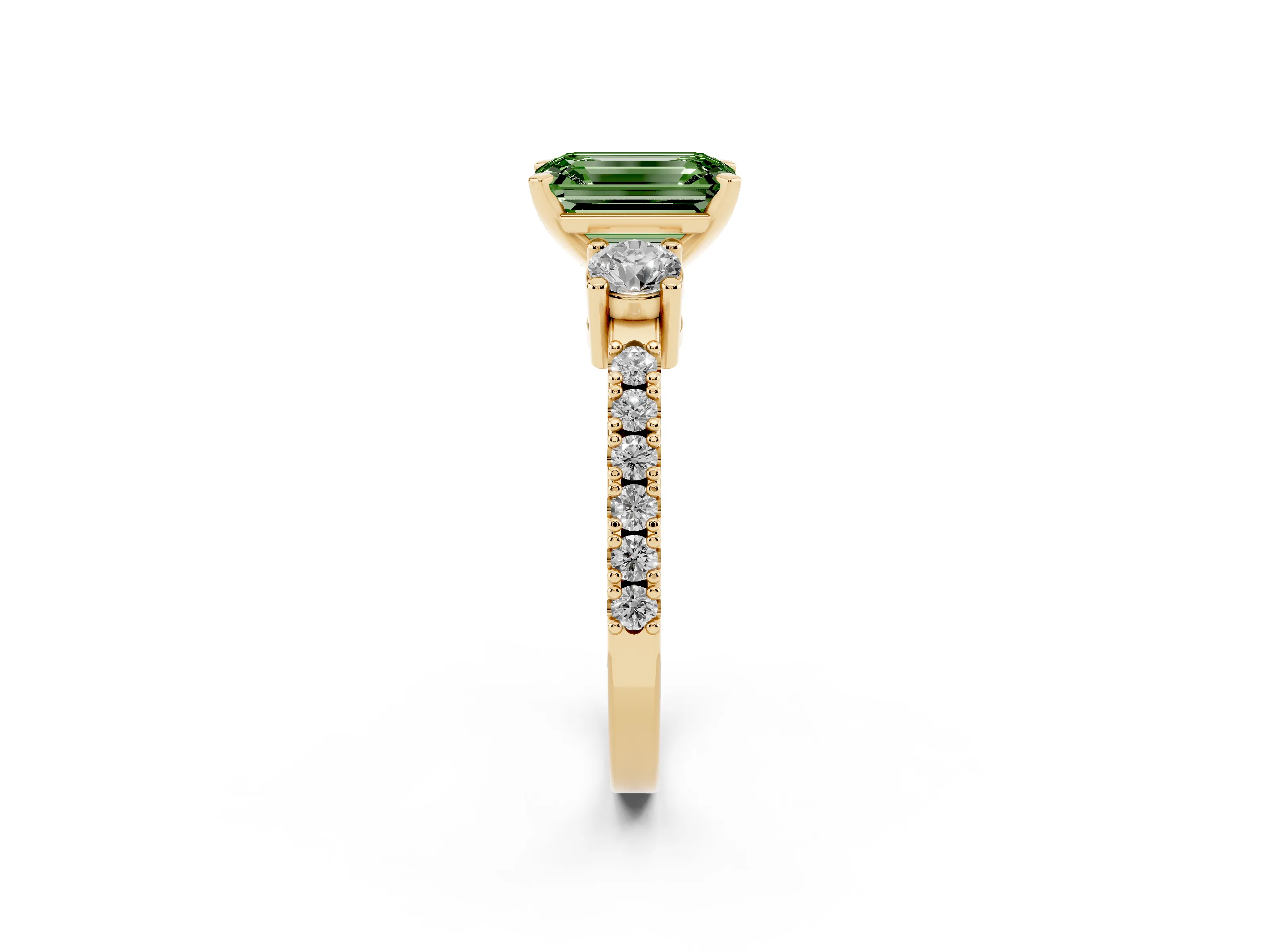 Fancy Green Three-Stone Emerald Cut Diamond Pavé Band Ring Set in Yellow gold with Prong Setting