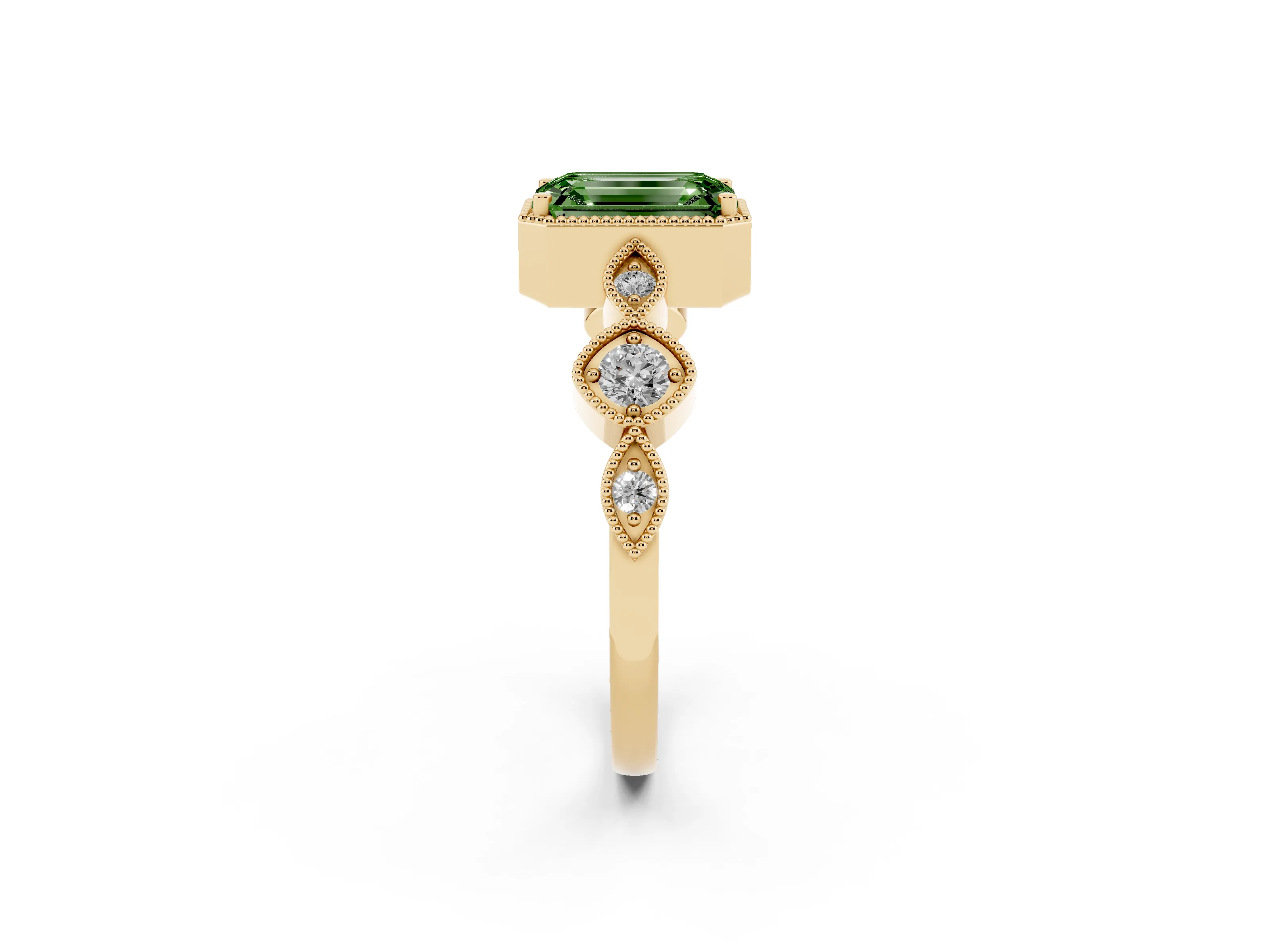 Fancy Green Emerald Cut Diamond Vintage-Inspired Milgrain Ring Set in Yellow gold with Marquise Stations of Round Accents