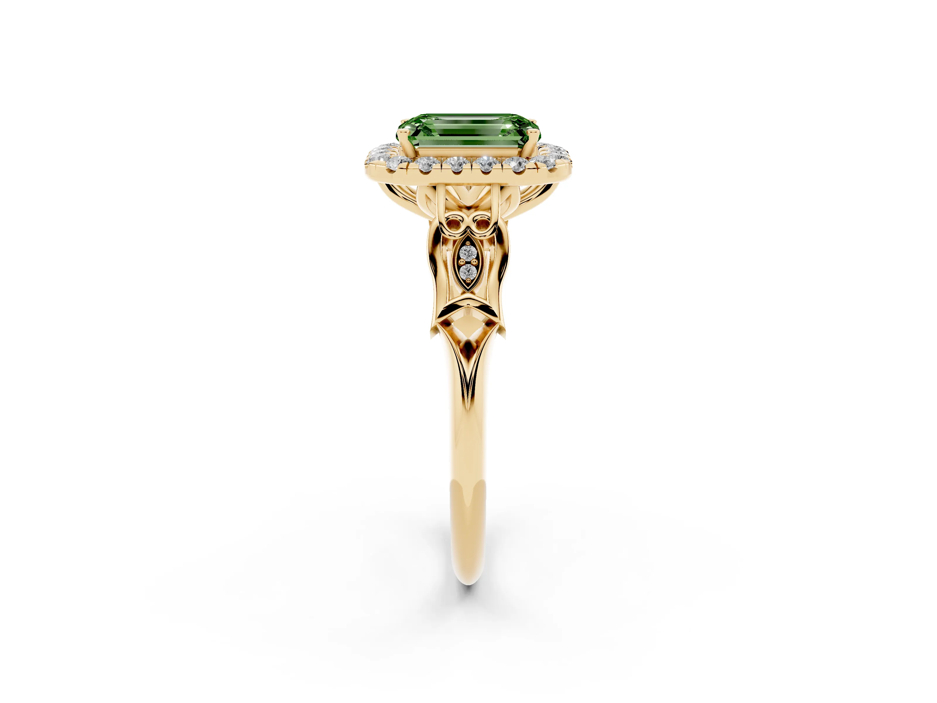 Fancy Green Emerald Cut Diamond Halo Engagement Ring Set in Yellow gold with Filigree Band and Prong-Set Center