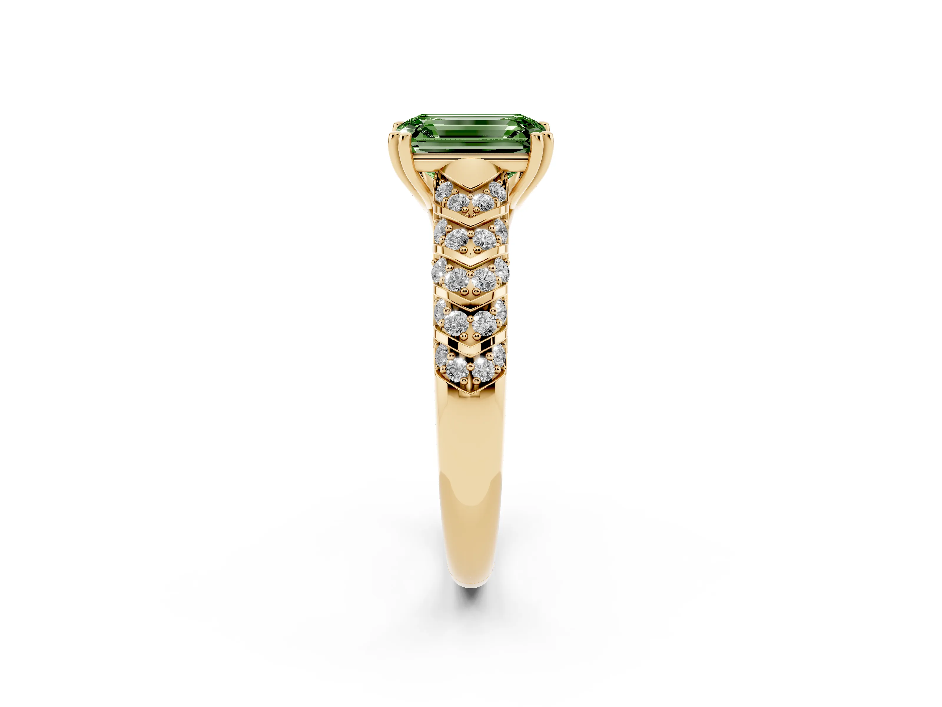 Fancy Green Emerald Cut Diamond Solitaire Chevron Pavé Engagement Ring Set in Yellow gold with Prong Setting