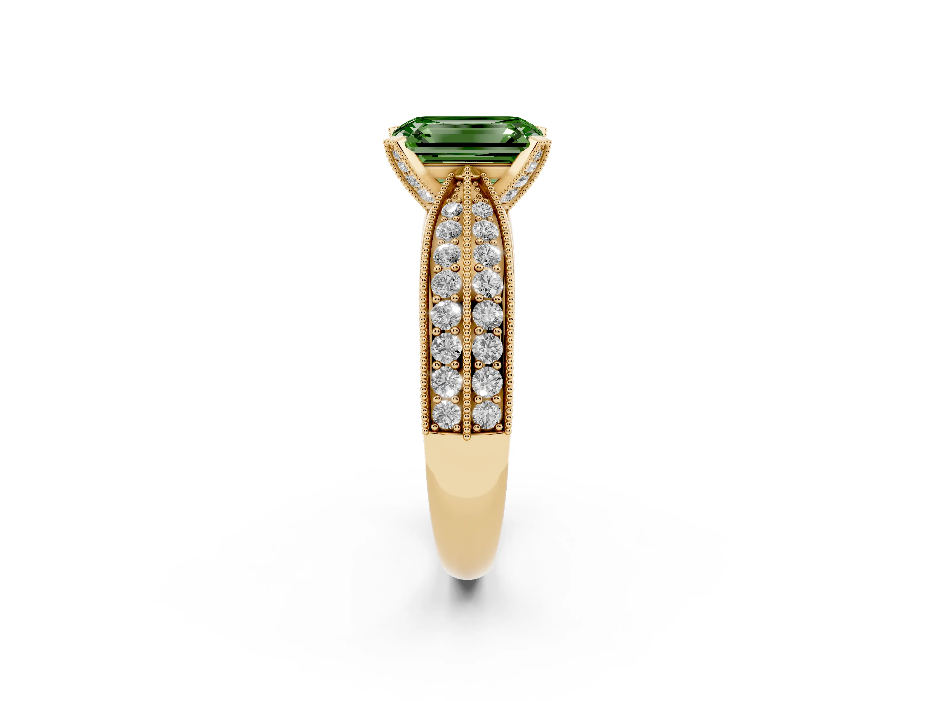 Fancy Green Emerald Cut Diamond Solitaire Ring Set in Yellow gold with Milgrain Double Row Round Pavé Band