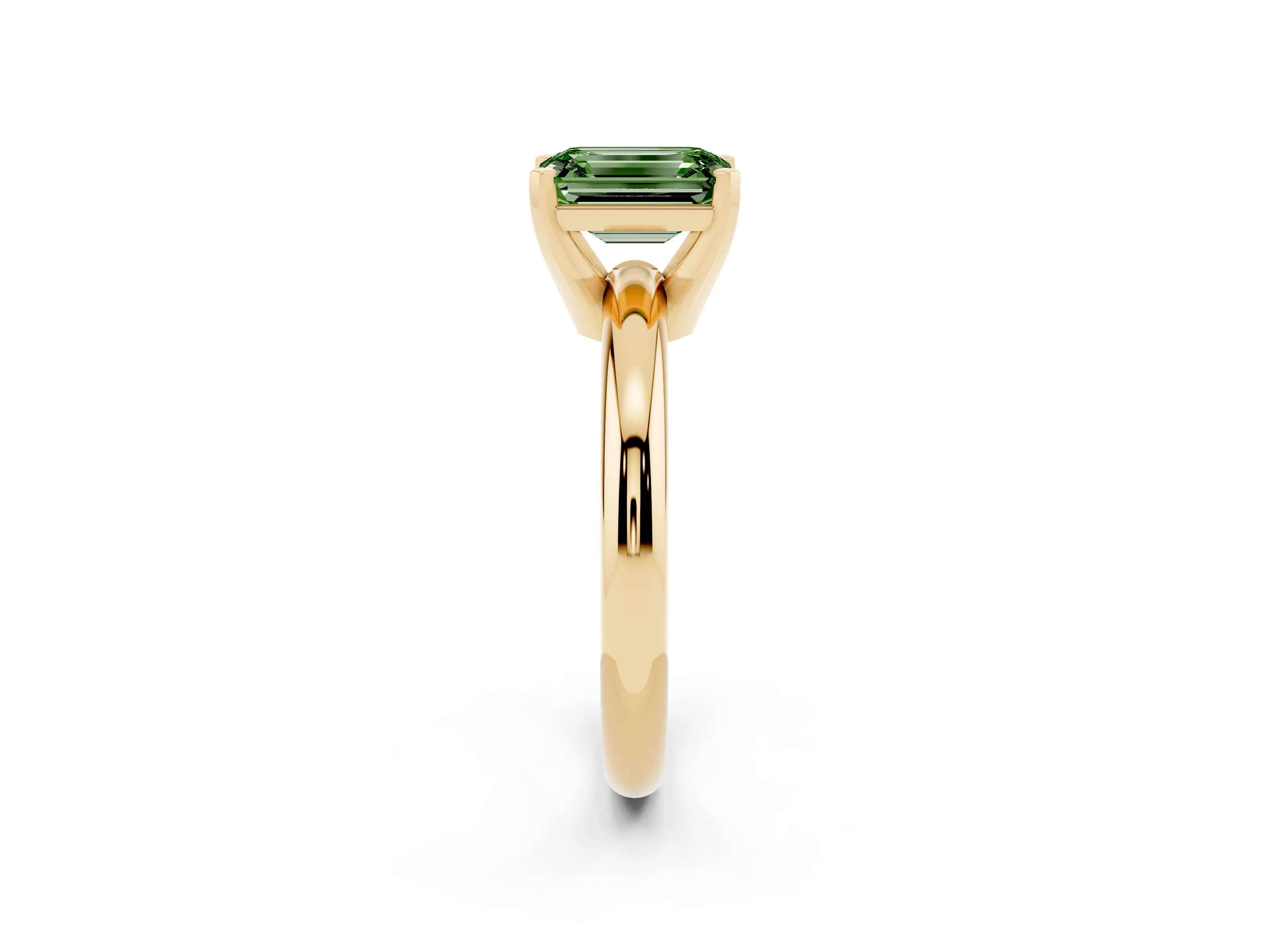 Fancy Green Emerald Cut Diamond Solitaire Engagement Ring Set in Yellow gold with Round Band and Prong Setting