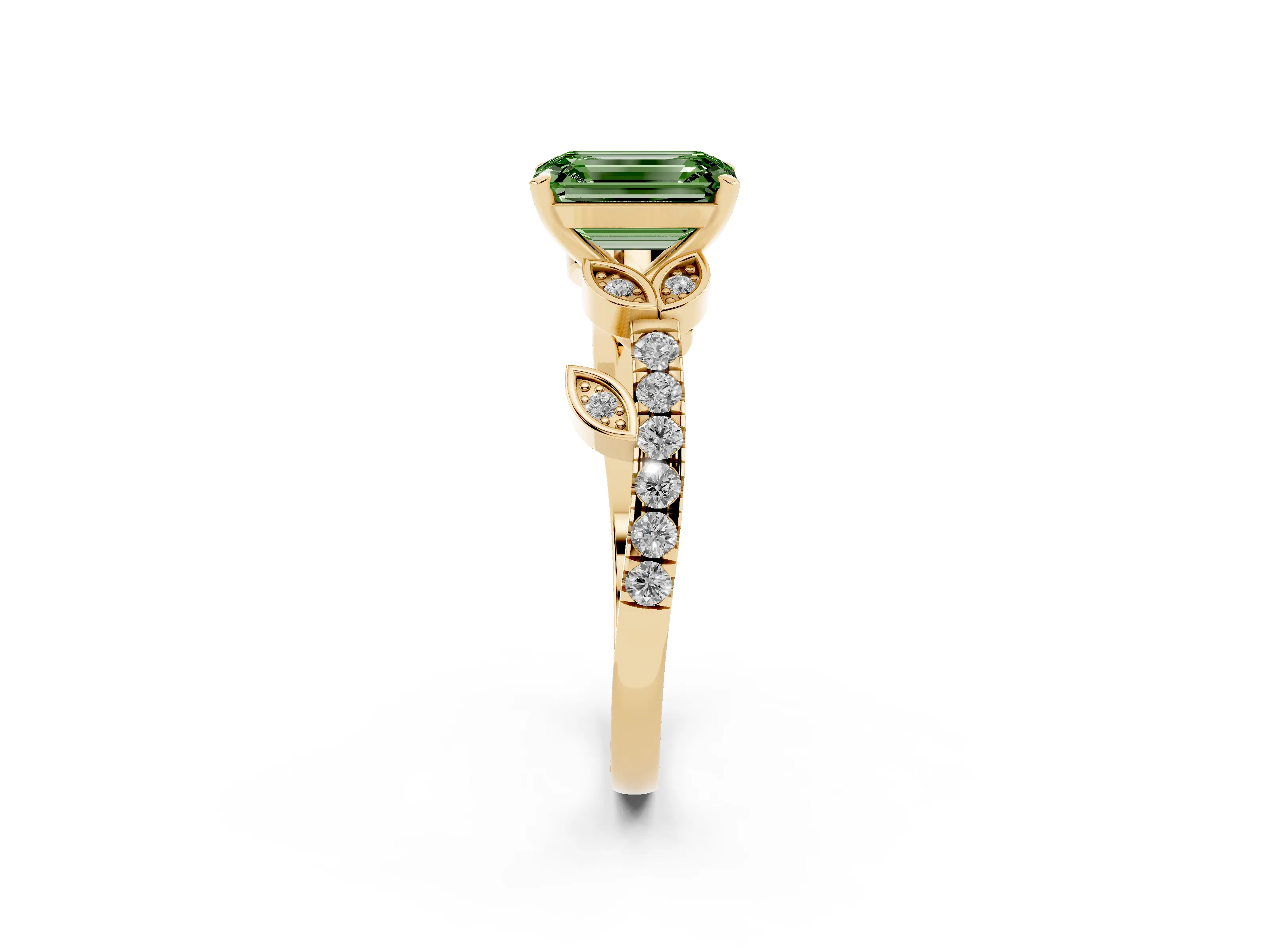 Fancy Green Emerald Cut Diamond Solitaire Leaf-Inspired Ring Set in Yellow gold with Pavé Band and Prong Setting