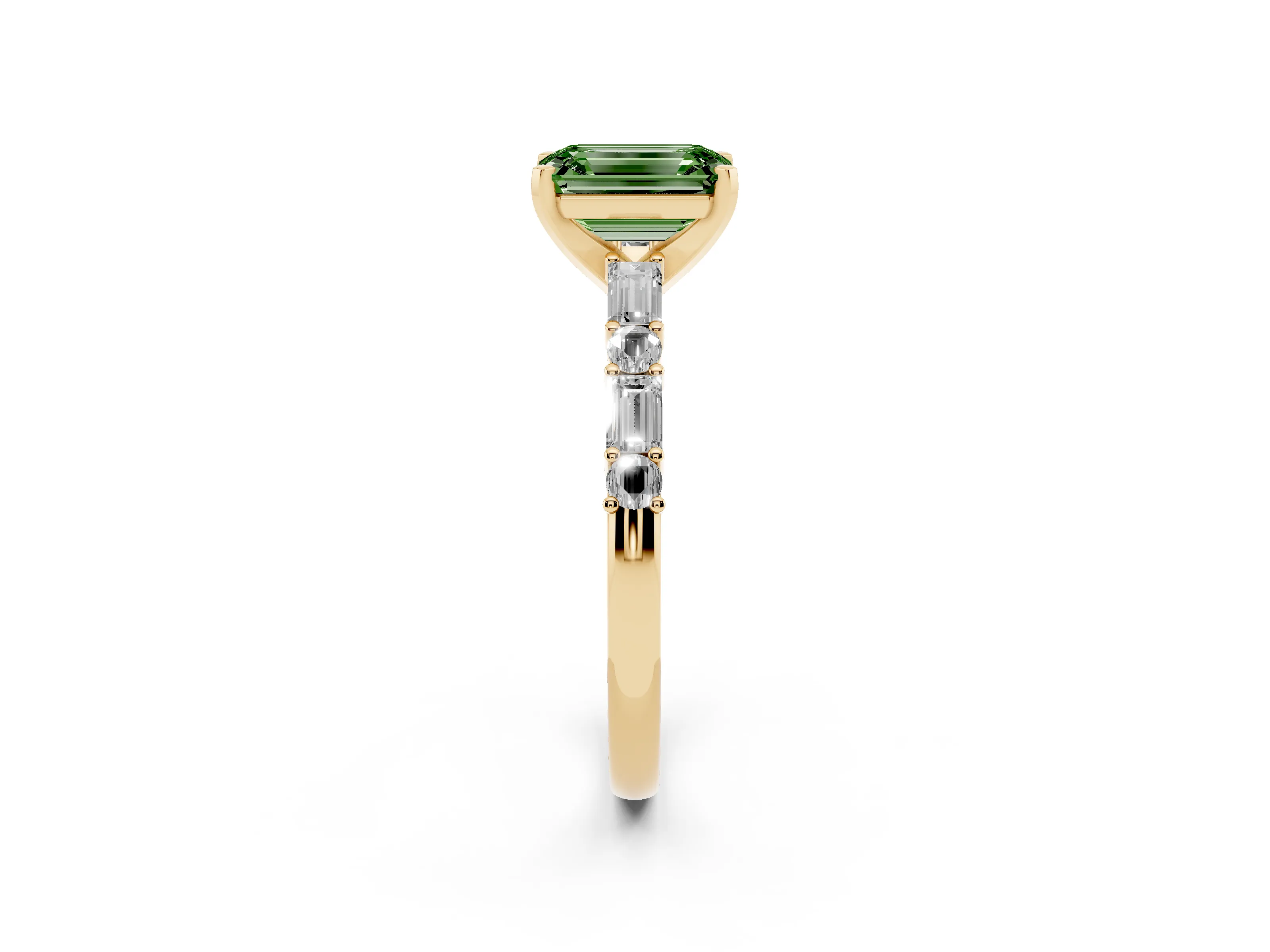 Fancy Green Emerald Cut Diamond Solitaire Set in Yellow gold with Side Baguettes and Channel Set Band