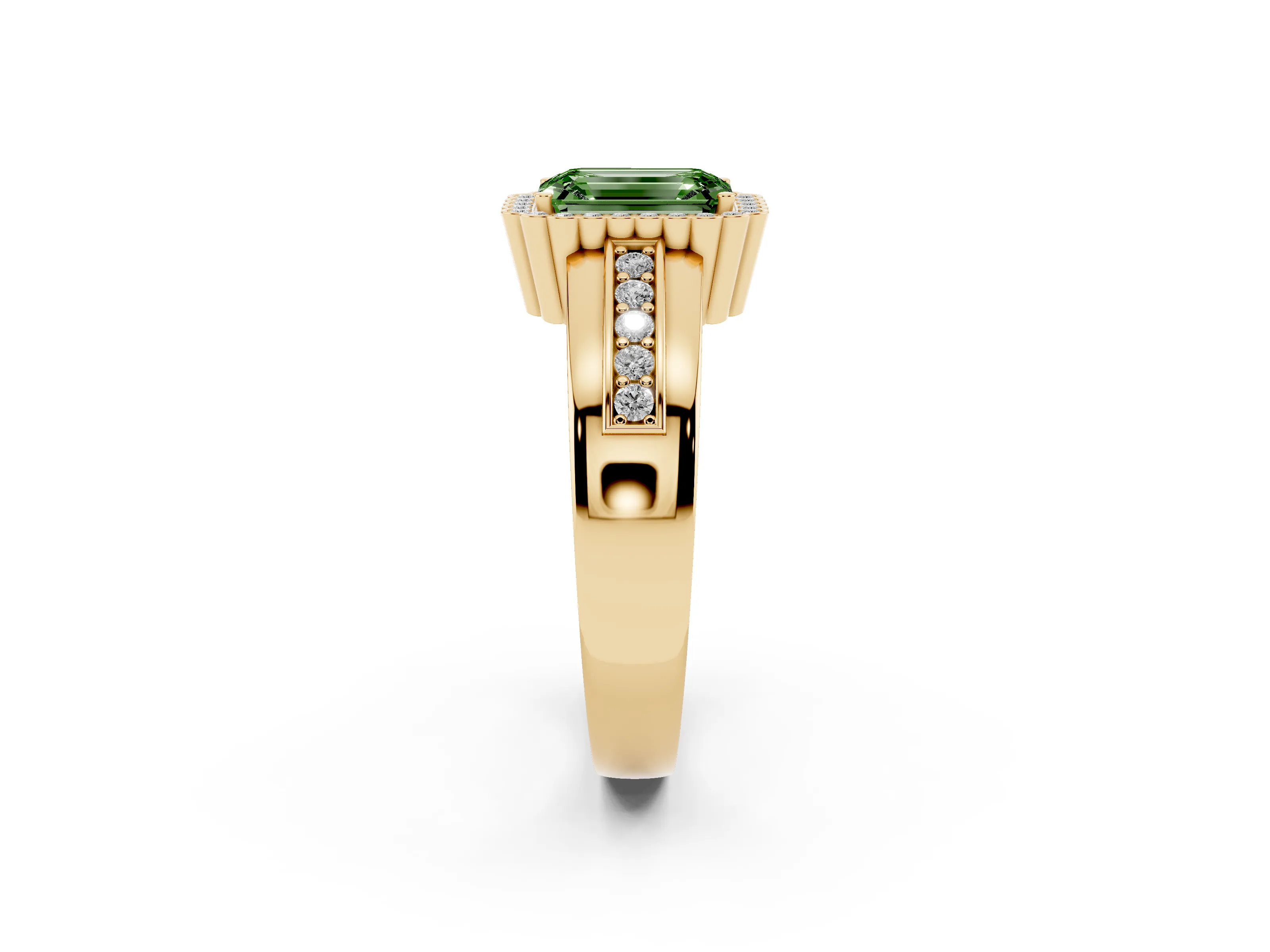 Fancy Green Emerald Cut Diamond Halo Prong Ring Set in Yellow gold with Pavé Band