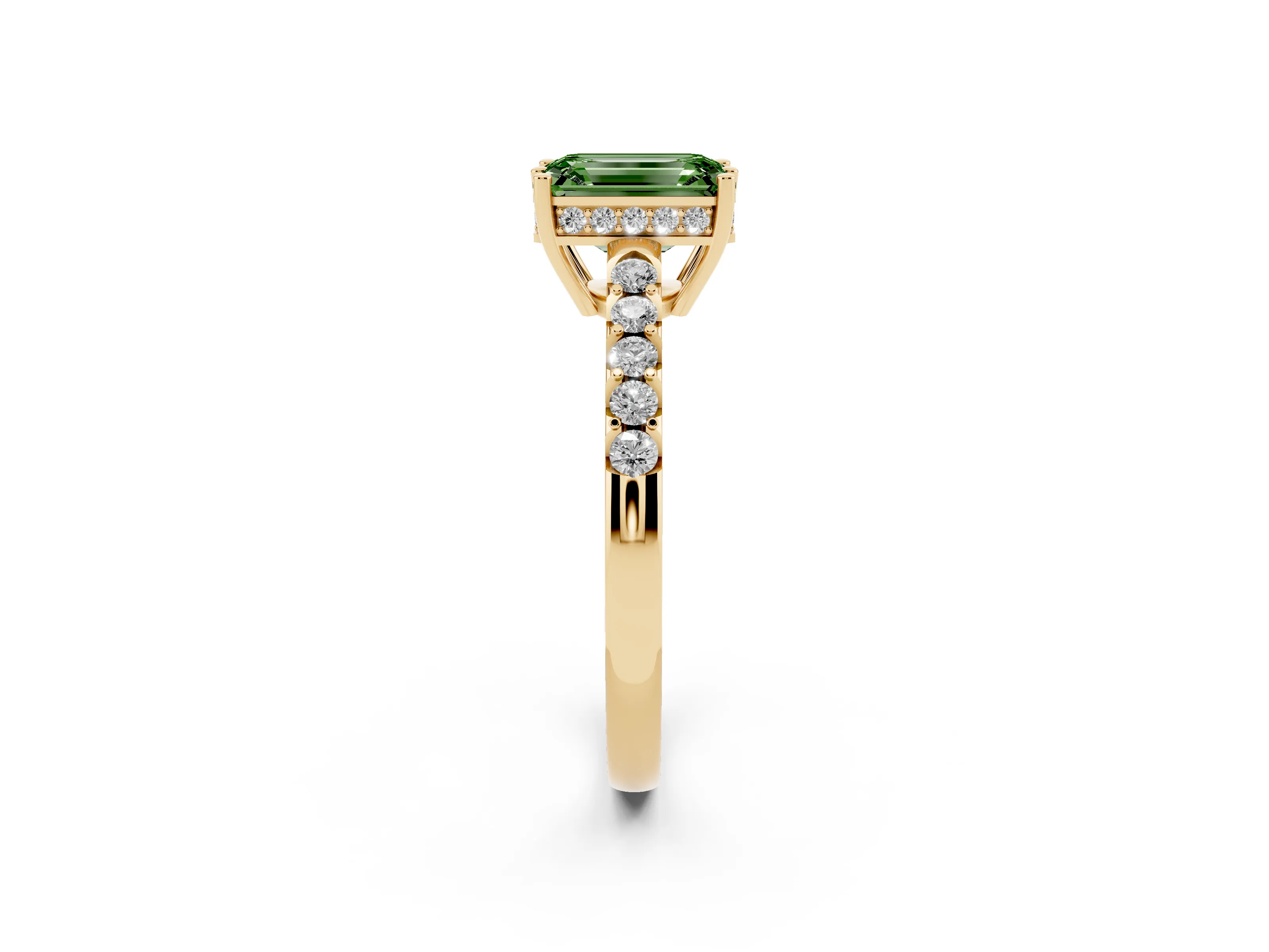 Fancy Green Emerald Cut Diamond Solitaire Engagement Ring Set in Yellow gold with Pavé Band and Prong Setting