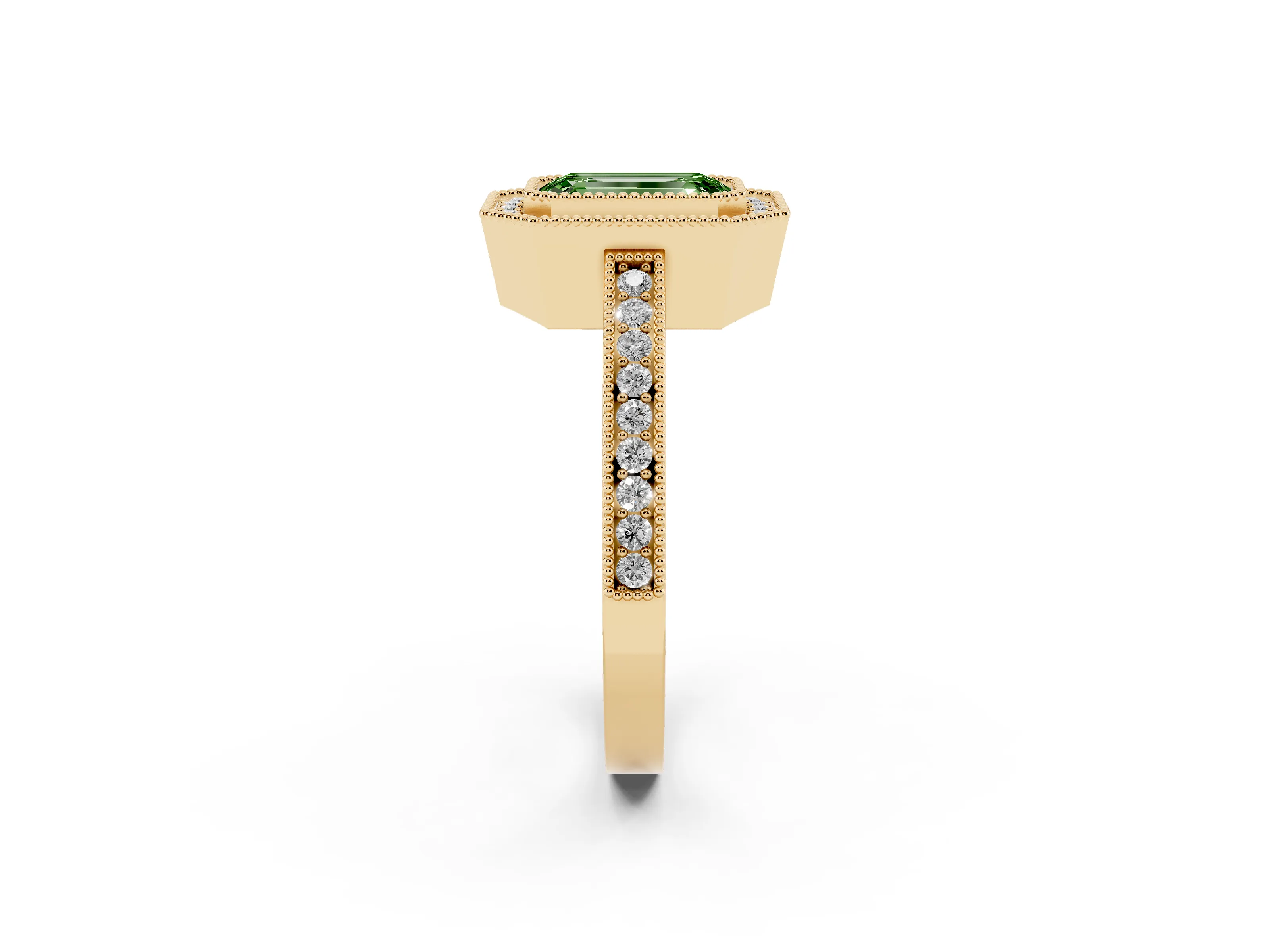 Fancy Green Emerald Cut Diamond Round Halo Ring Set in Yellow gold with Pavé Band
