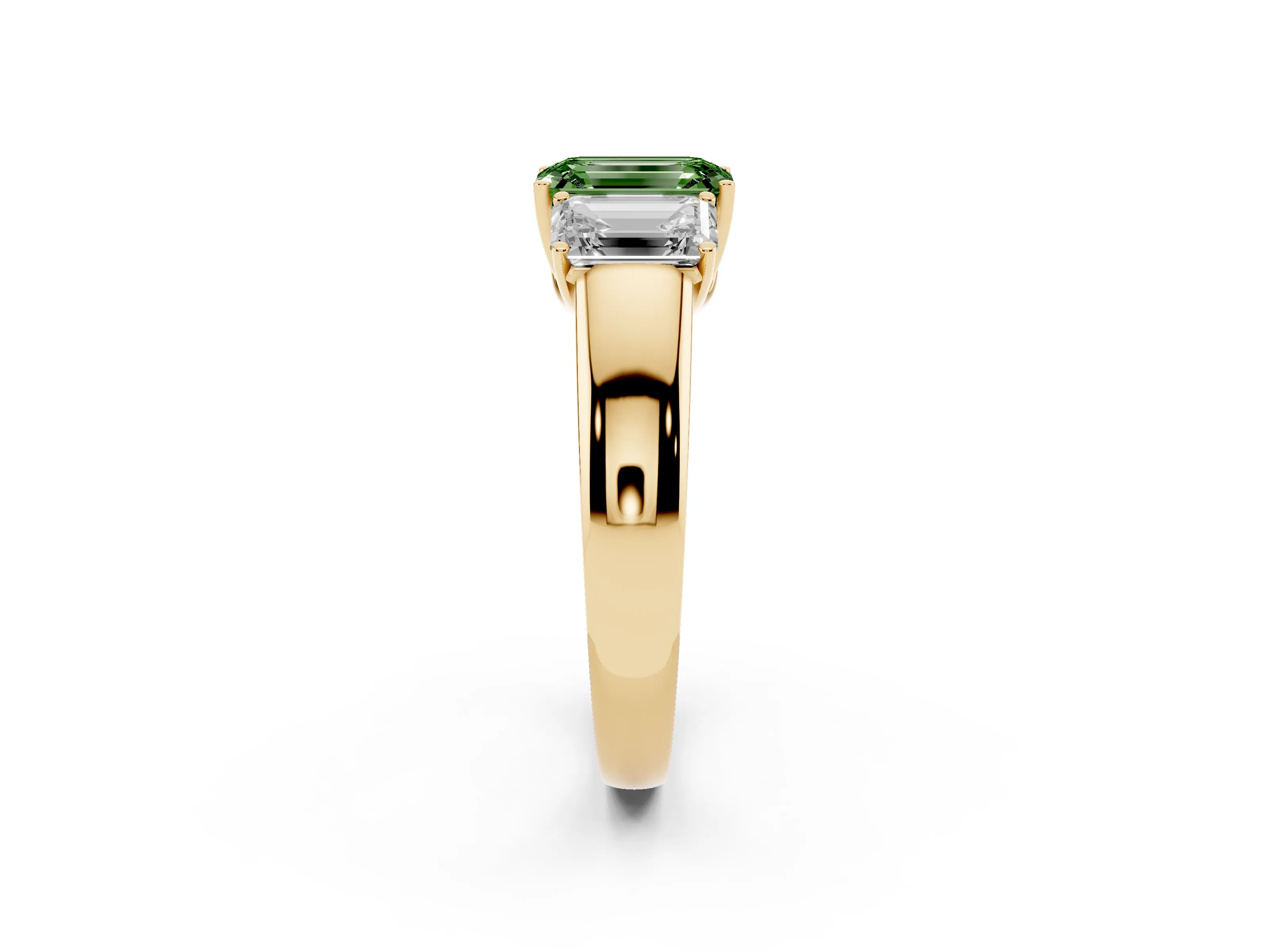 Fancy Green Three-Stone Emerald Cut Diamond Ring Set in Yellow gold with Matching Prong Settings and Plain Band