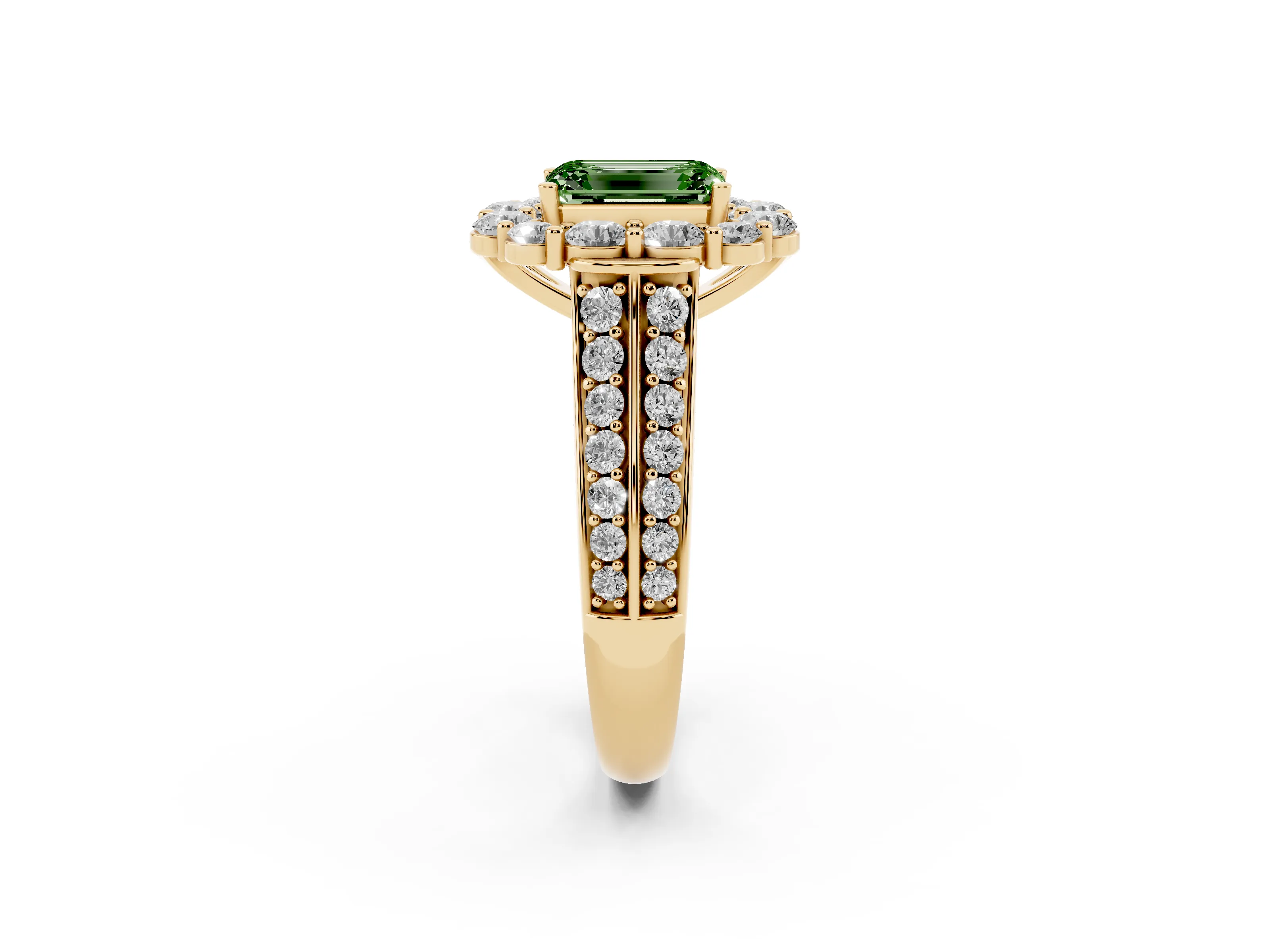 Fancy Green Emerald Cut Diamond Halo Engagement Ring Set in Yellow gold with Split Shank and Prong Setting