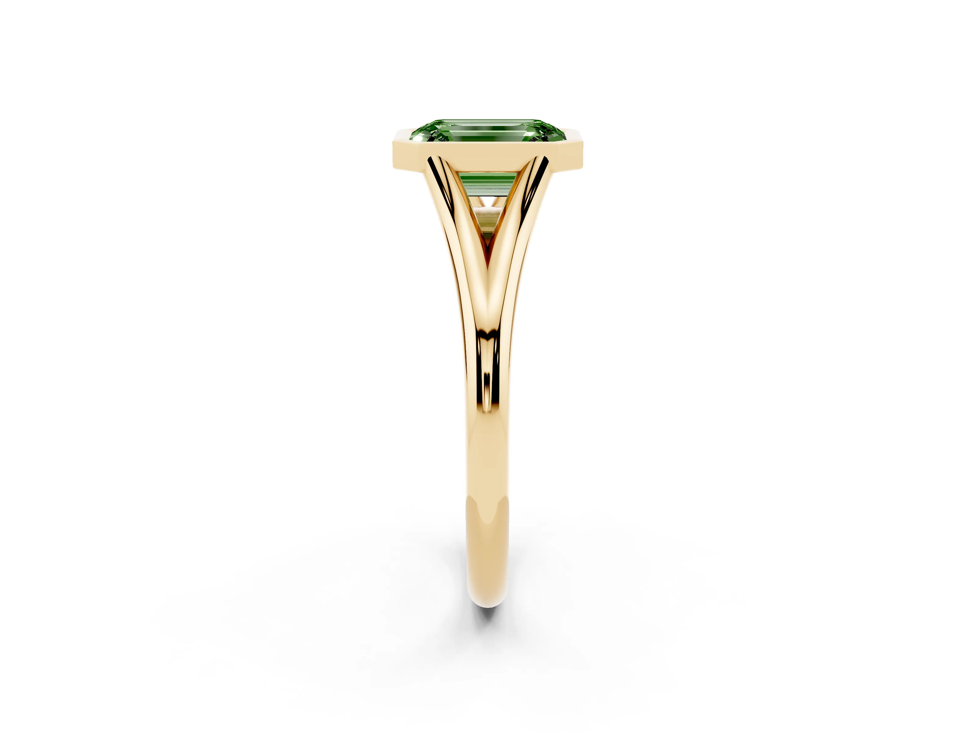 Fancy Green Bezel Set Emerald Cut Diamond Solitaire Ring Set in Yellow gold with Tapered Band