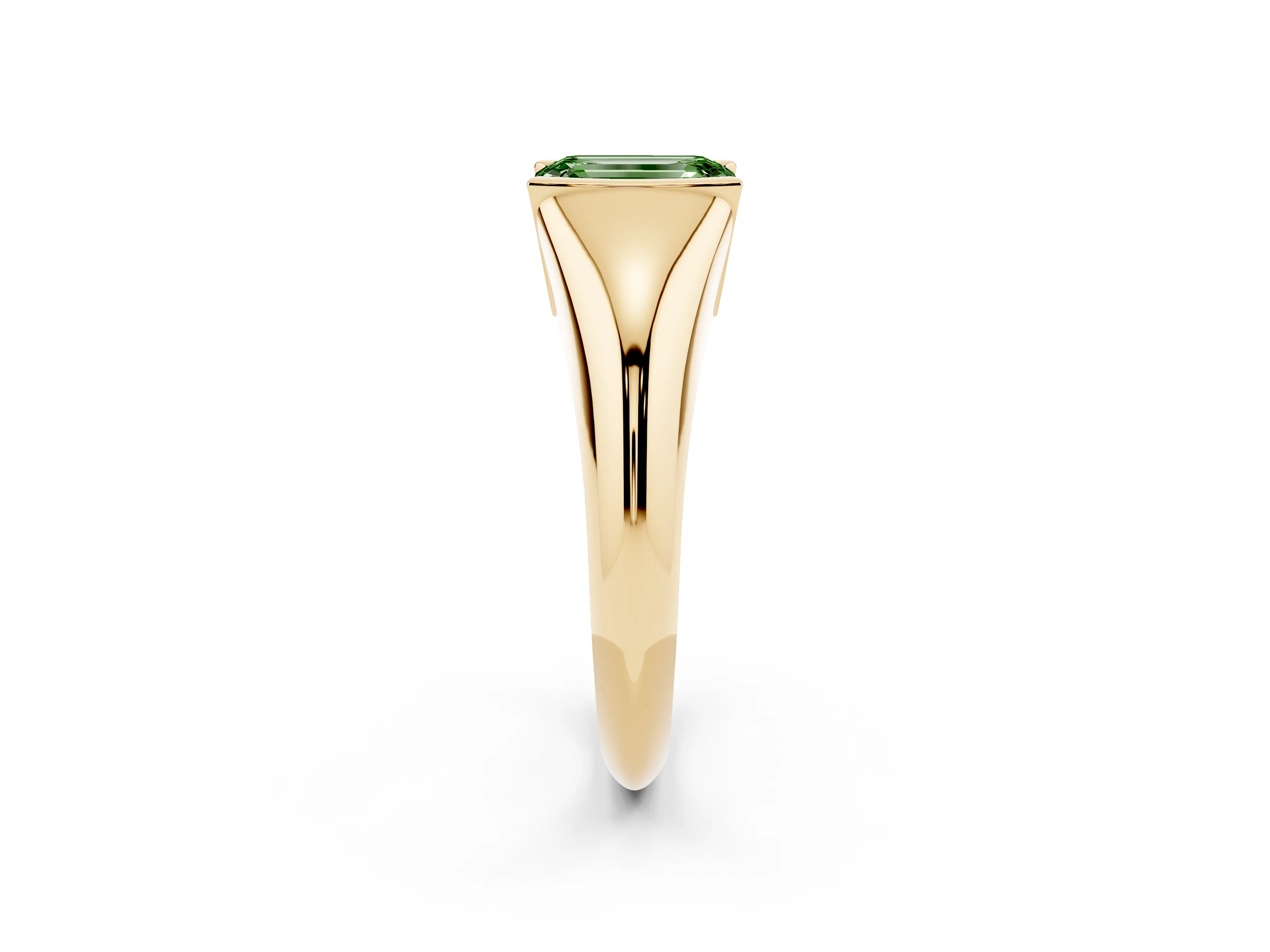 Fancy Green Emerald Cut Diamond Solitaire Tension Set Ring Set in Yellow gold