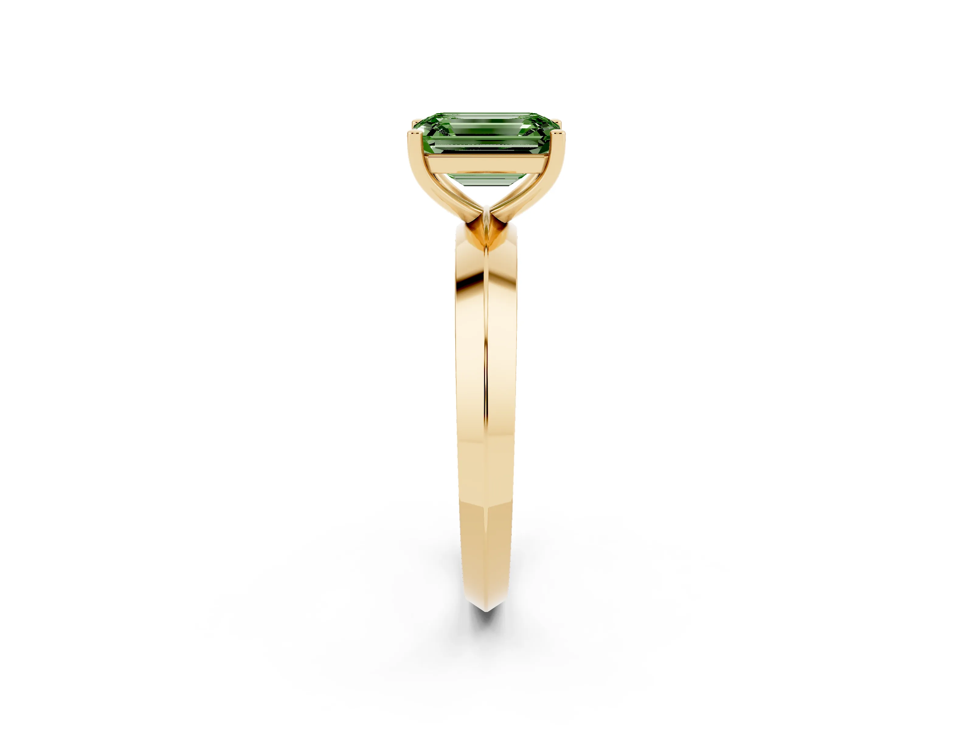 Fancy Green Emerald Cut Diamond Solitaire Engagement Ring Set in Yellow gold with Flat Band and Prong Setting