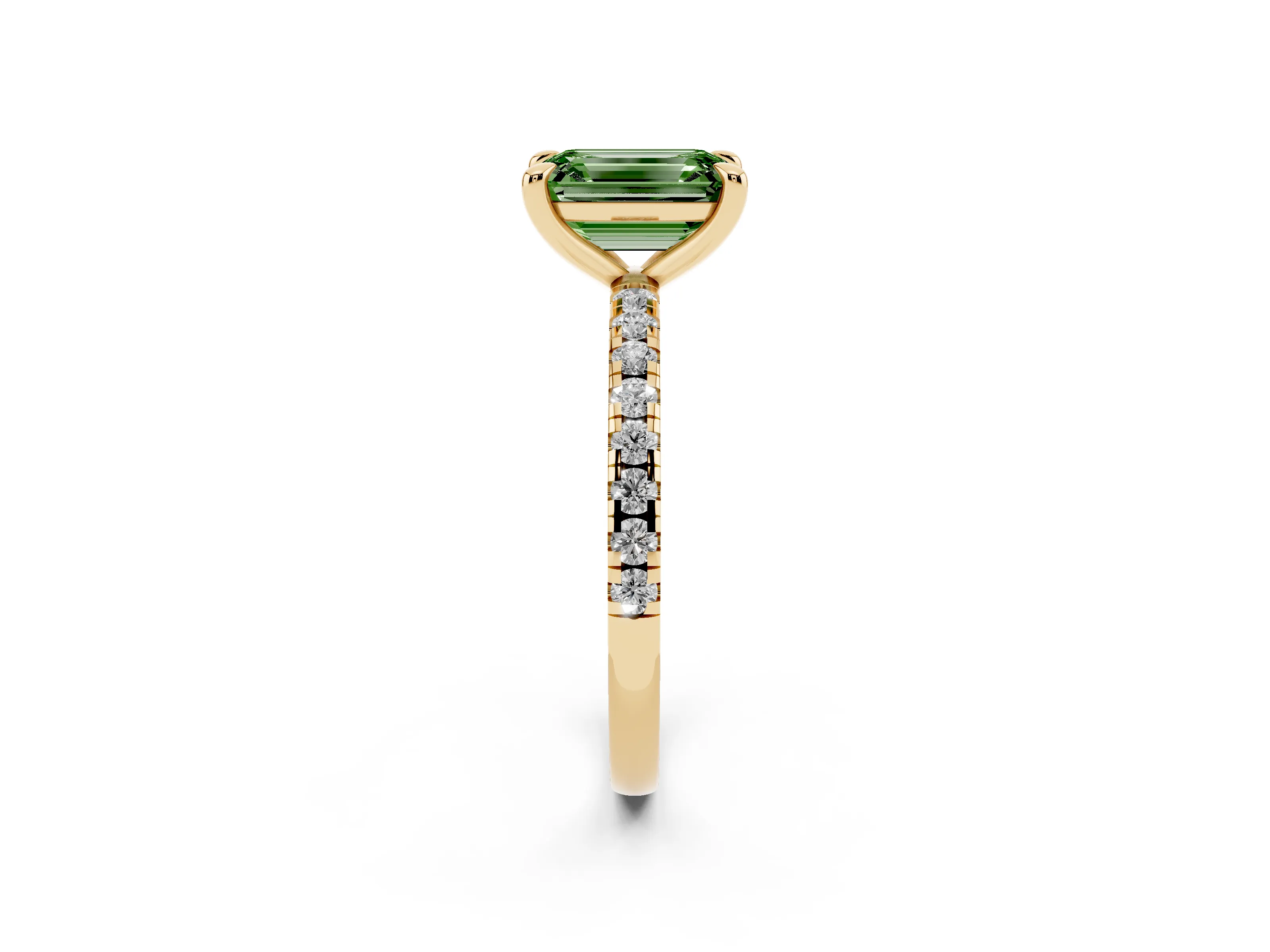 Fancy Green Emerald Cut Diamond Brilliant Solitaire Ring Set in Yellow gold with Pavé Band and Prong Setting
