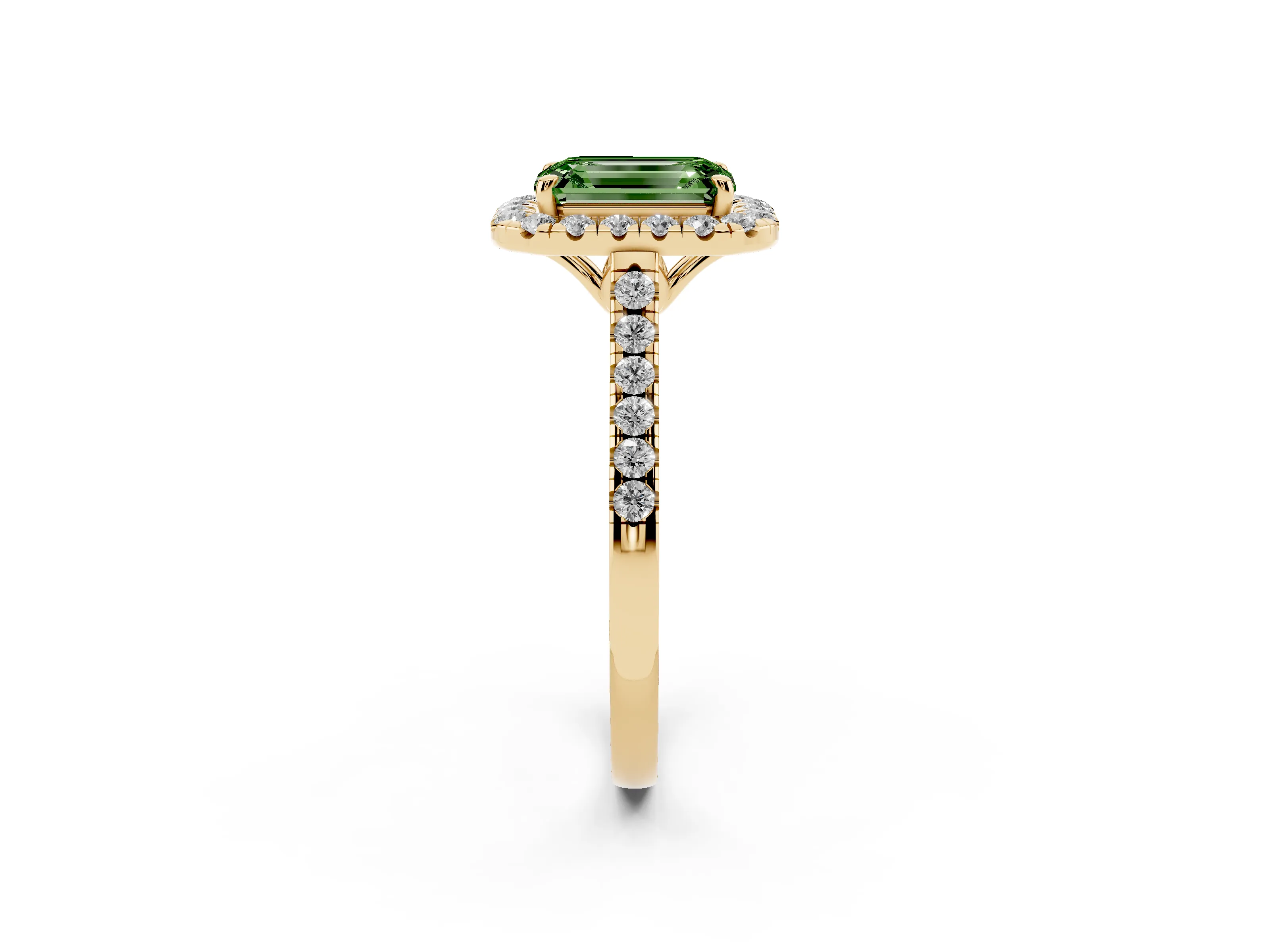 Fancy Green Emerald Cut Diamond Pavé Halo Engagement Ring Set in Yellow gold with Pavé Band and Prong Setting