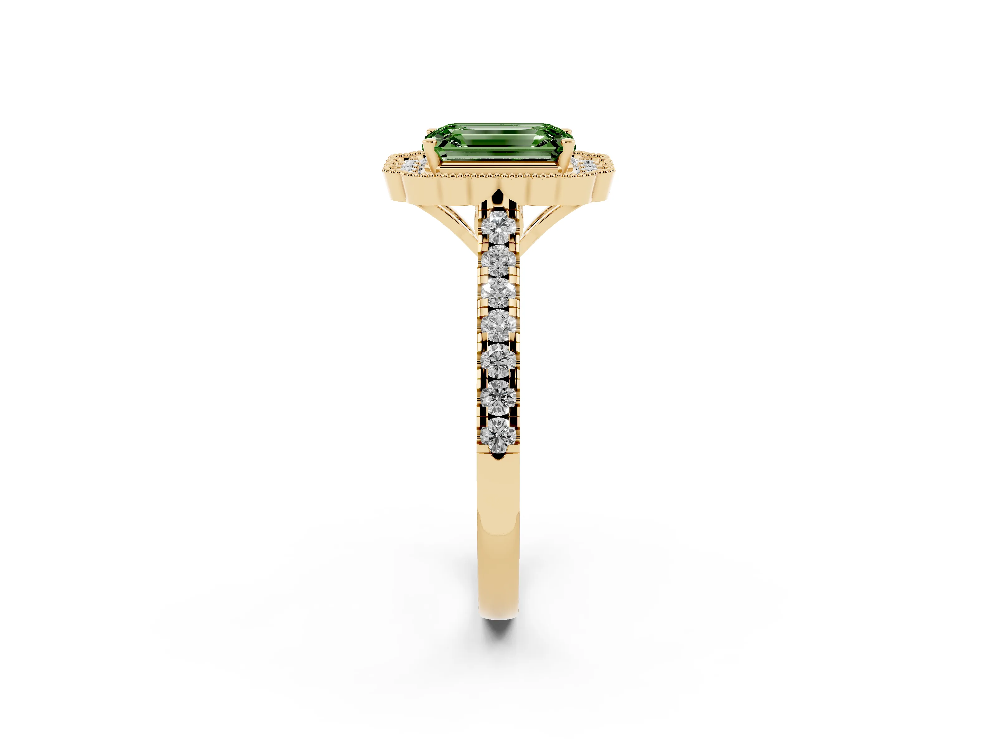 Fancy Green Emerald Cut Diamond Milgrain Floral Halo Engagement Ring Set in Yellow gold with Pavé Band