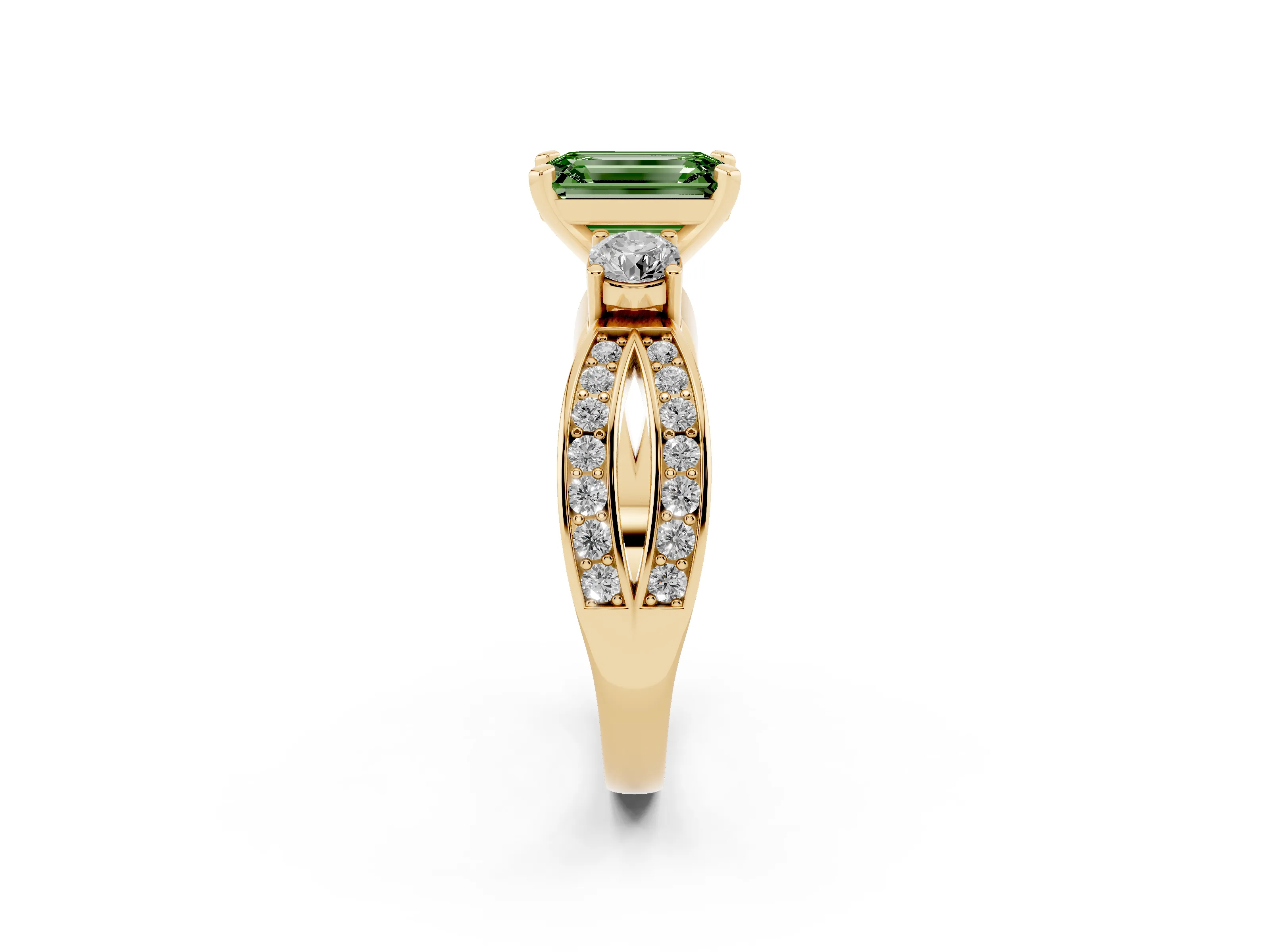 Fancy Green Three-Stone Emerald Cut Diamond Twist Band Ring Set in Yellow gold with Pavé Accents and Prong Setting