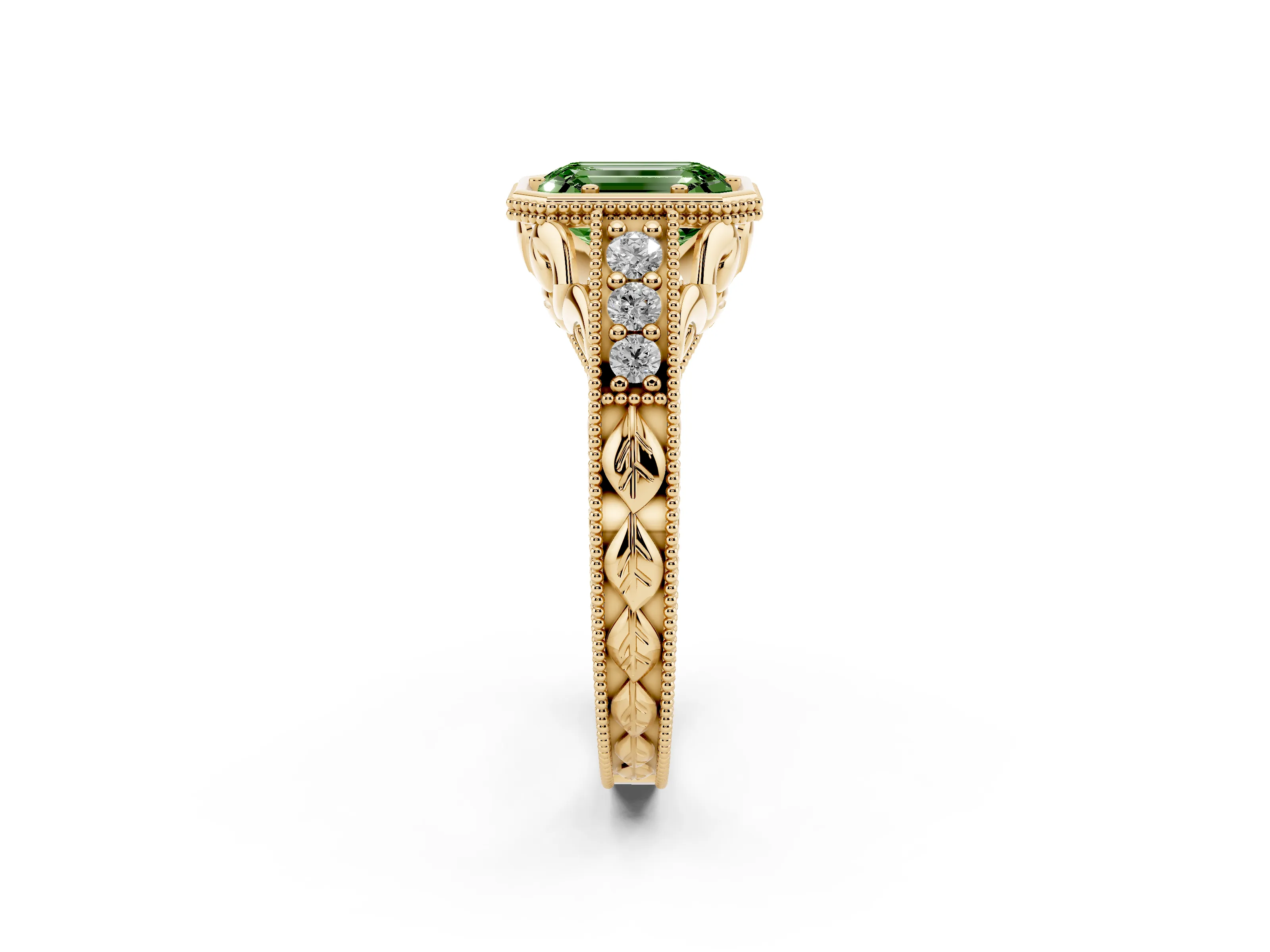 Fancy Green Bezel Set Emerald Cut Diamond Milgrain Pavé Engagement Ring Set in Yellow gold