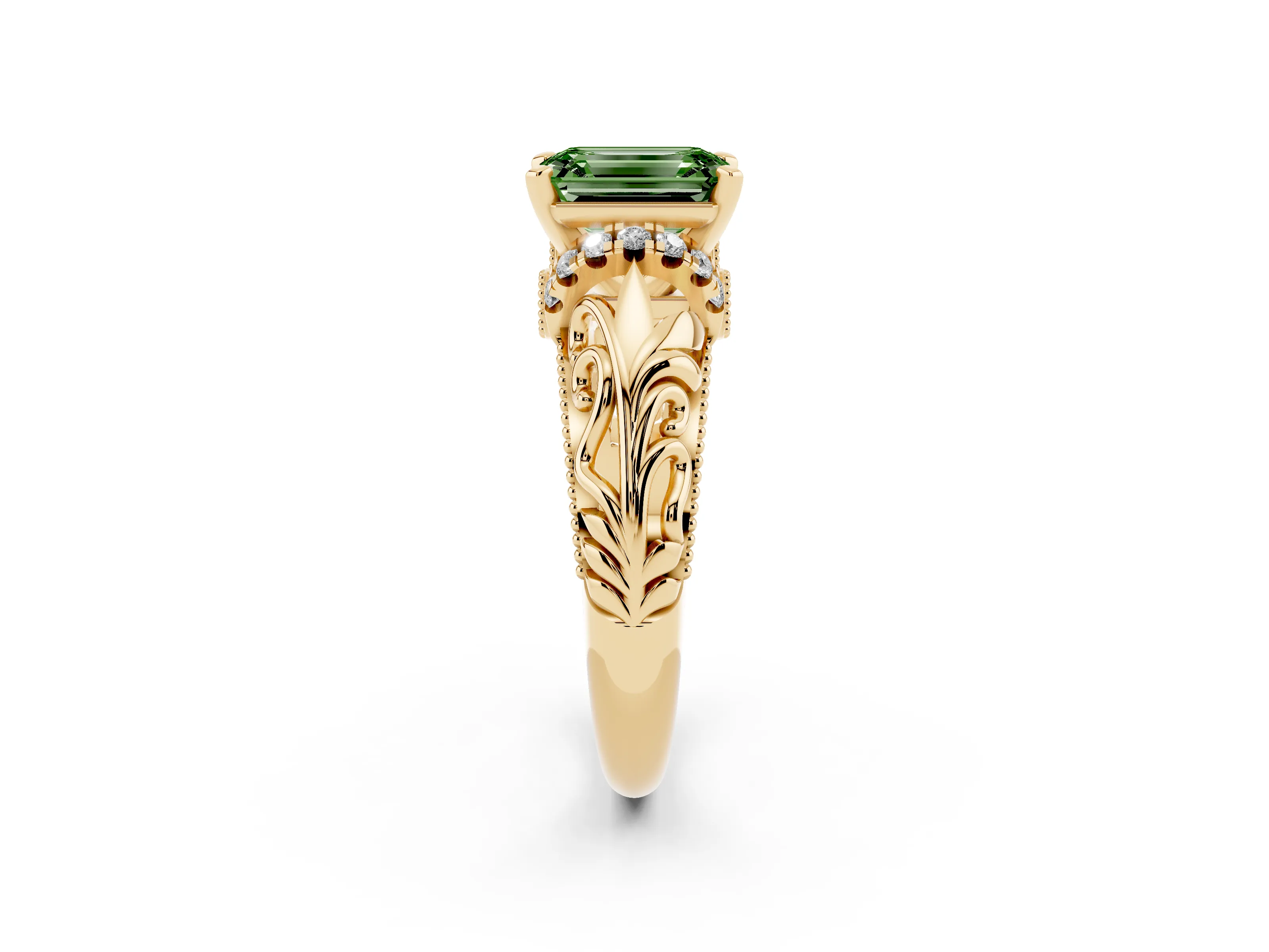 Fancy Green Emerald Cut Diamond Filigree Halo Engagement Ring Set in Yellow gold with Prong Setting