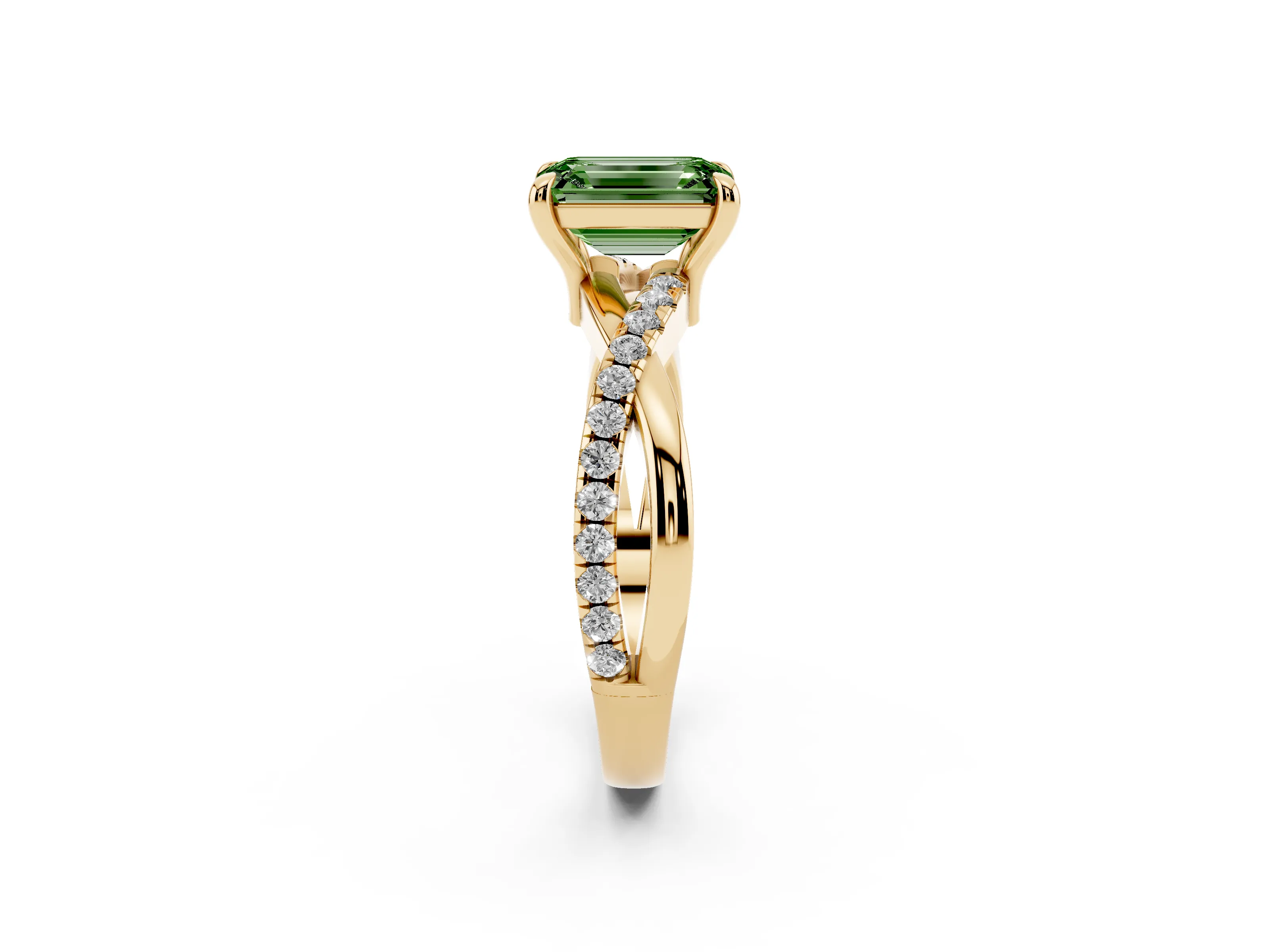 Fancy Green Emerald Cut Diamond Twist Band Solitaire Set in Yellow gold with Pavé Accents and Prong Setting