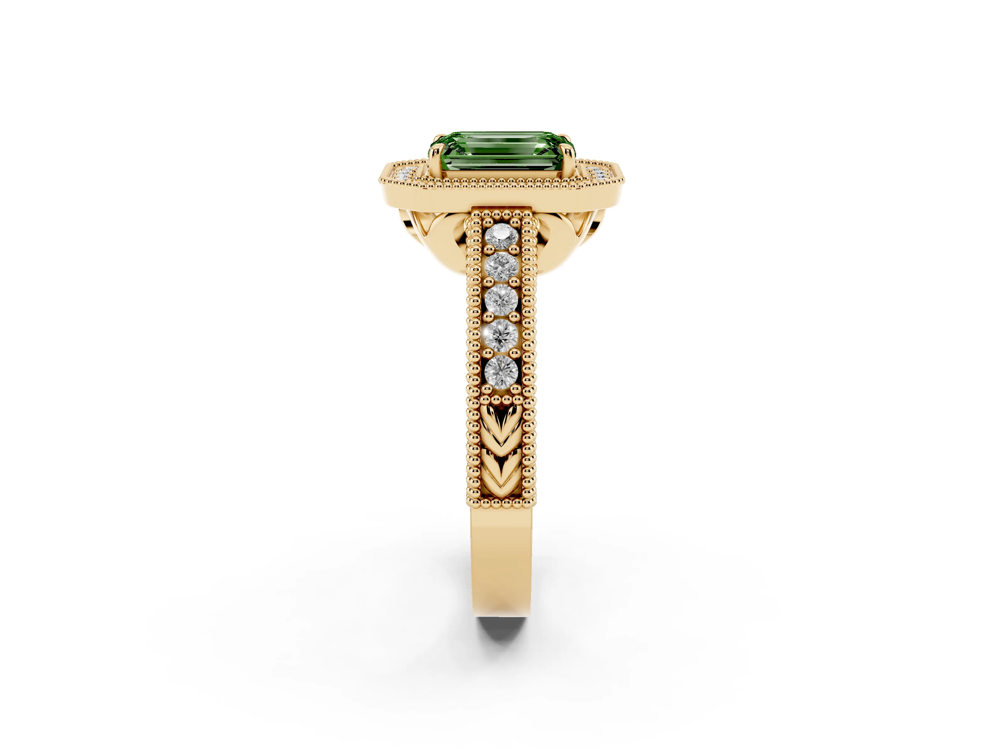Fancy Green Emerald Cut Diamond Halo Ring Set in Yellow gold with Round Accent Halo, Pavé Band and Prong Setting