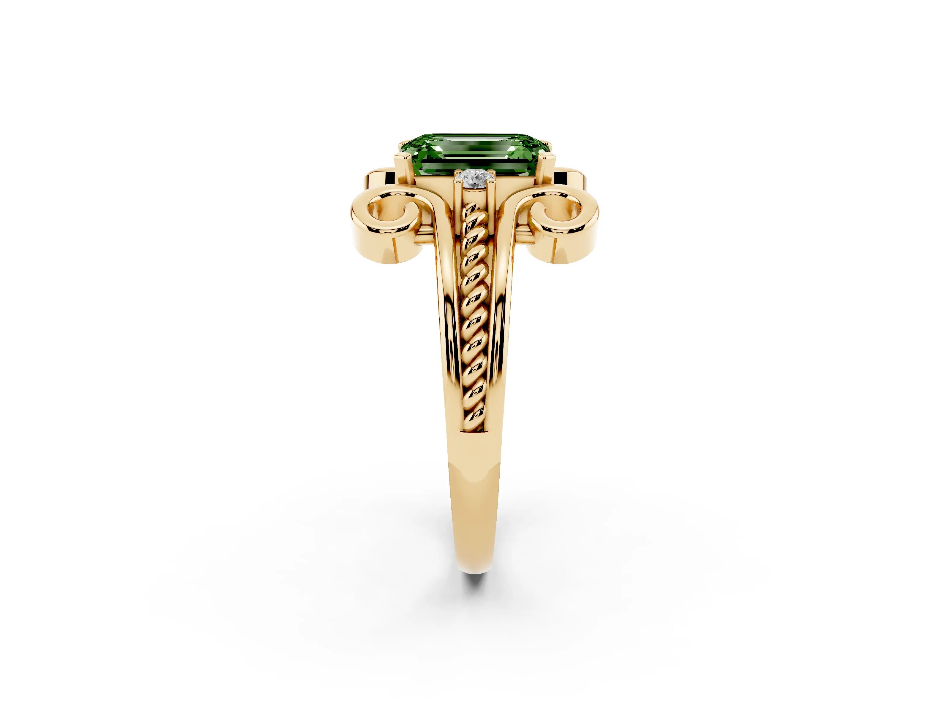 Fancy Green Emerald Cut Diamond Twisted Band Solitaire Ring Set in Yellow gold with Scroll Prongs