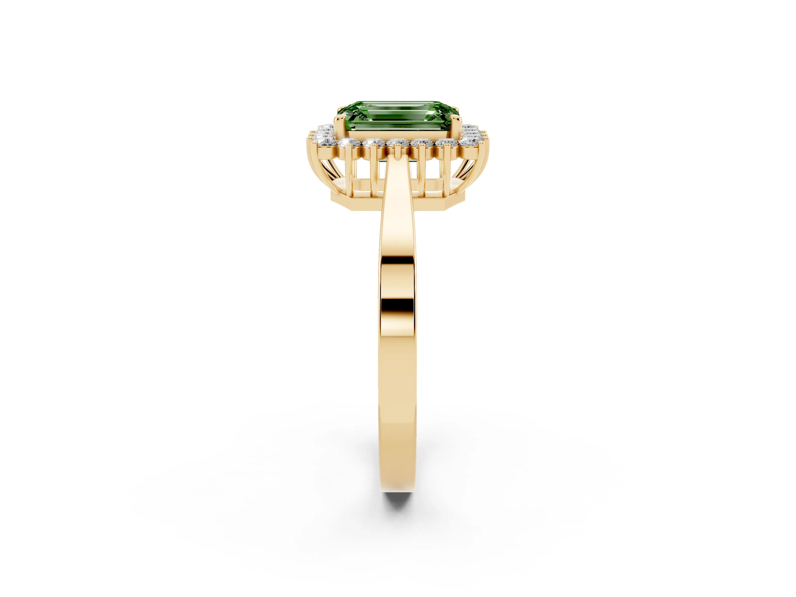 Fancy Green Emerald Cut Diamond Halo Ring Set in Yellow gold with Round Halo and Smooth Solitaire Band