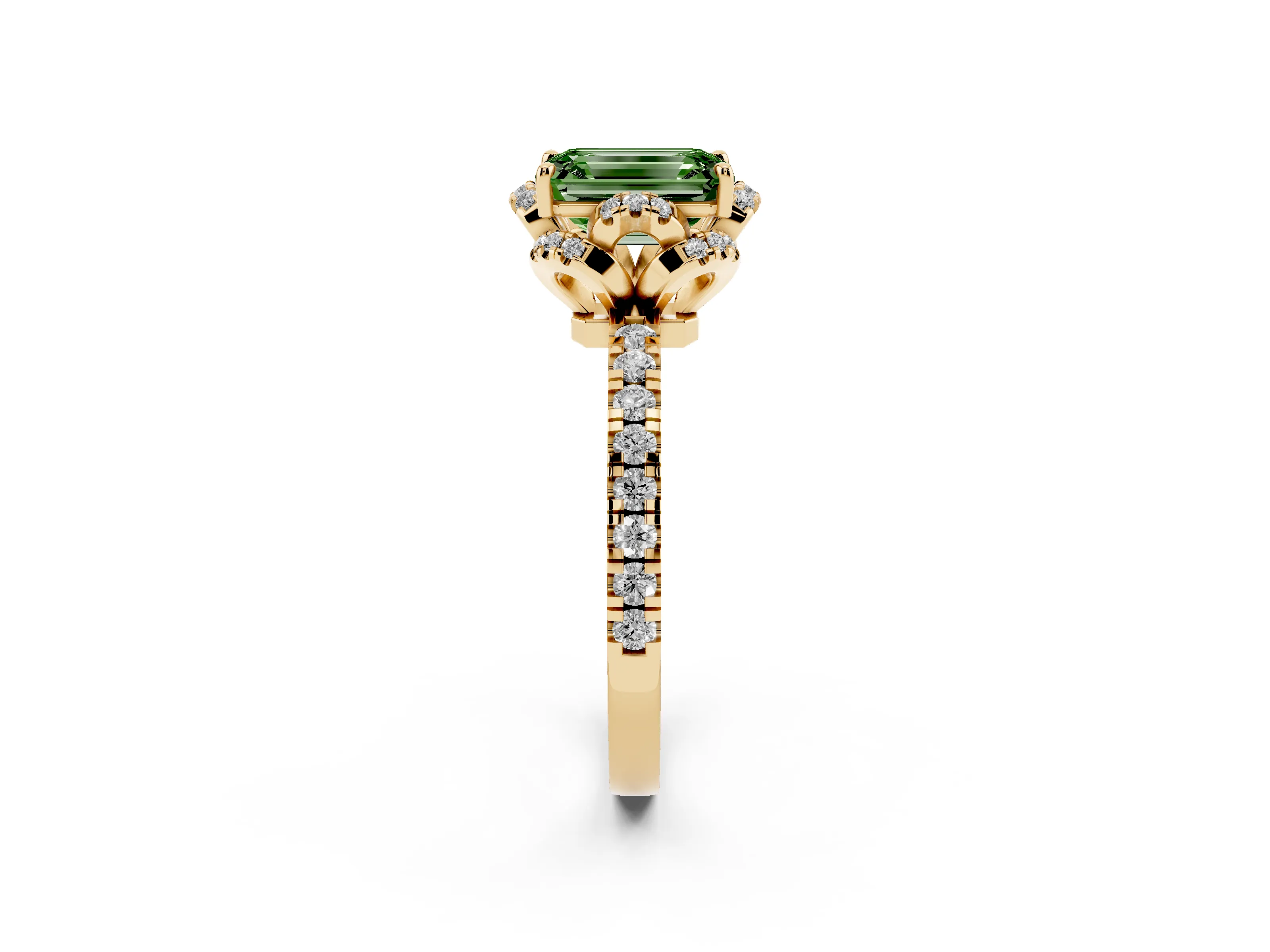 Fancy Green Emerald Cut Diamond Halo Pavé Band Ring Set in Yellow gold with Prong-Held Center