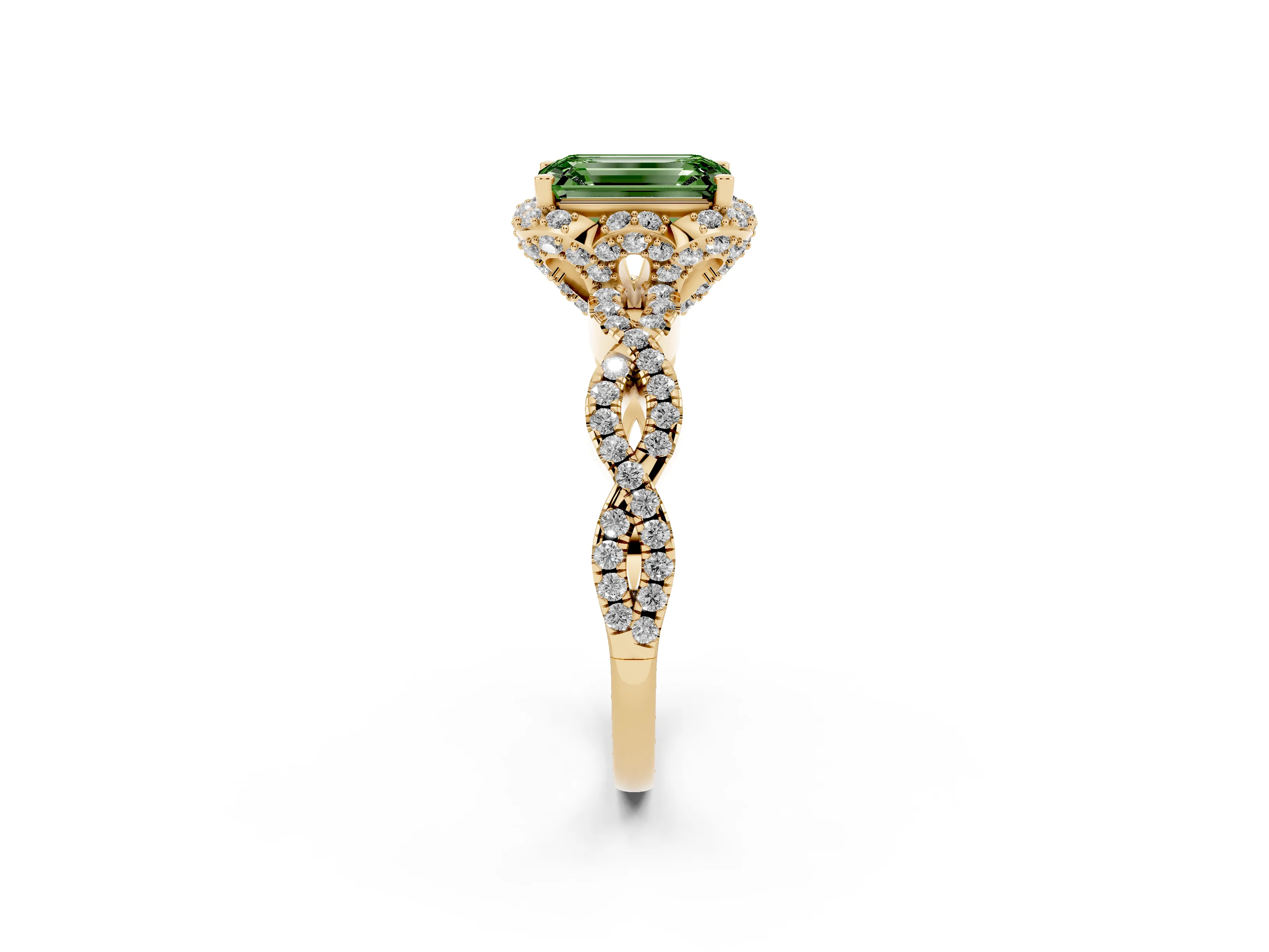 Fancy Green Emerald Cut Diamond Halo Twist Band Solitaire Ring Set in Yellow gold with Prong-Set Center Stone