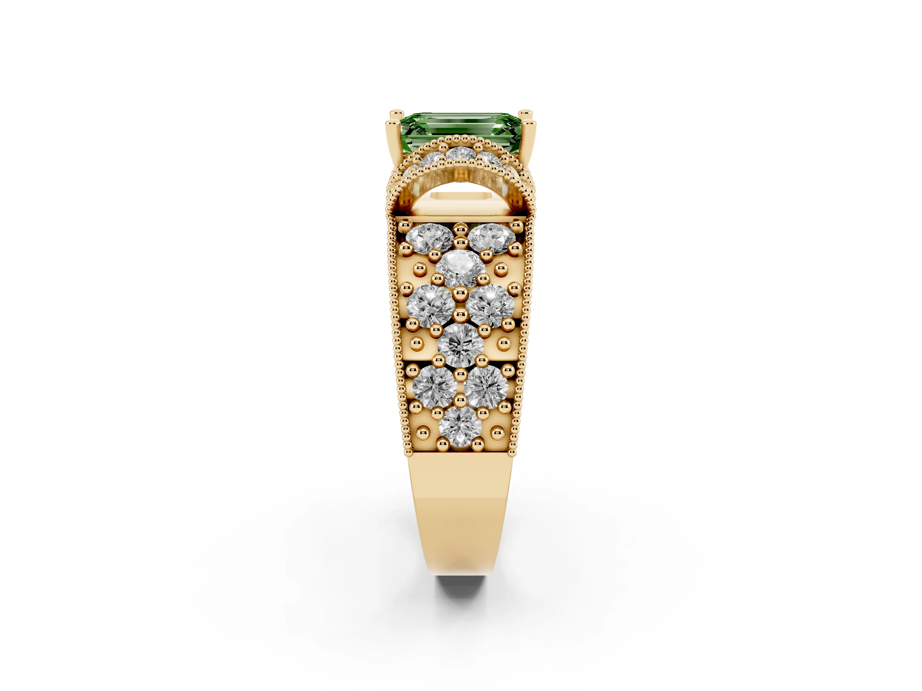Fancy Green Emerald Cut Diamond Milgrain Halo Pavé Engagement Ring Set in Yellow gold with Prong Setting