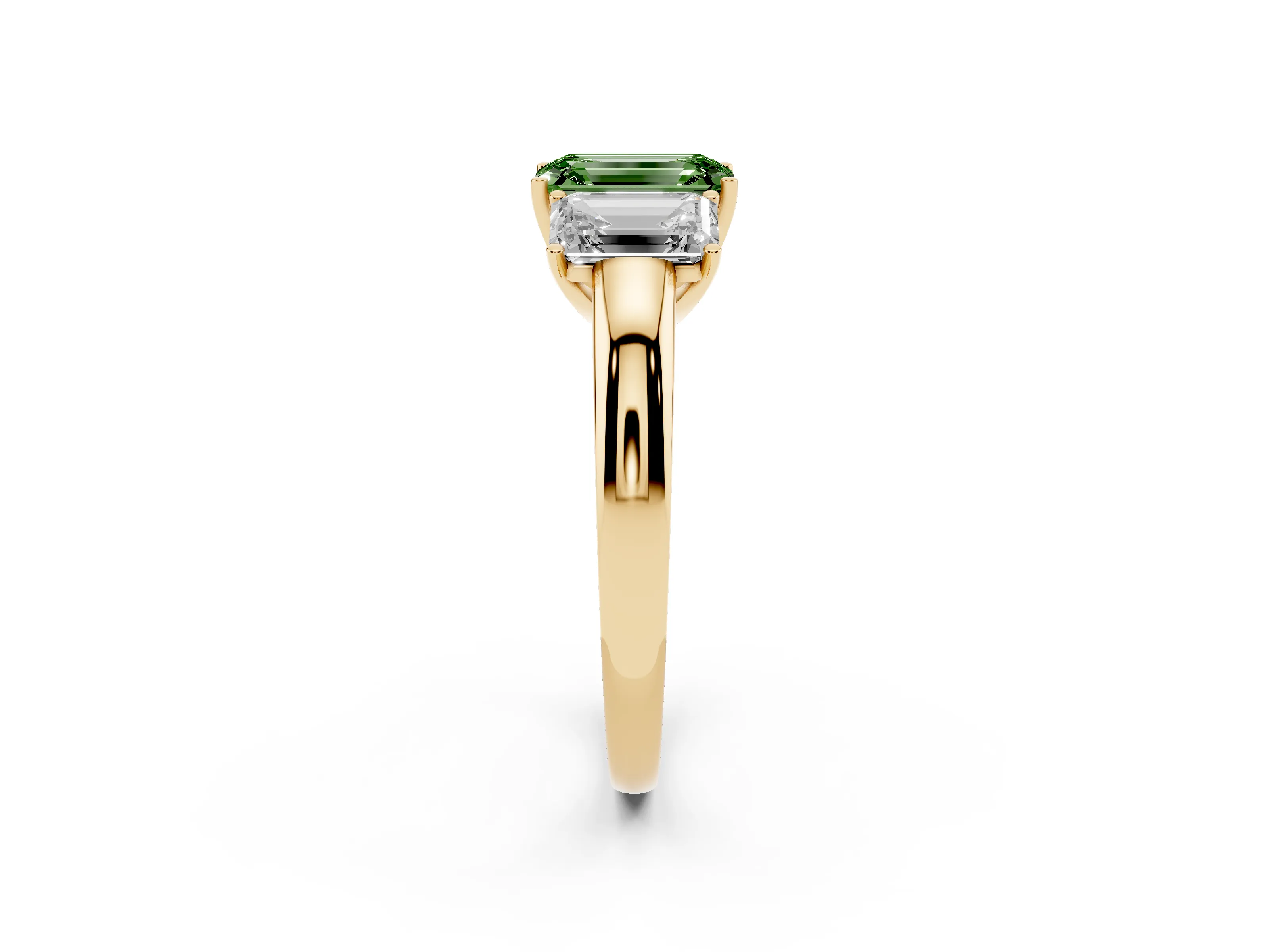 Fancy Green Emerald Cut Diamond Three-Stone Ring Set in Yellow gold with Bold Center and Classic Band