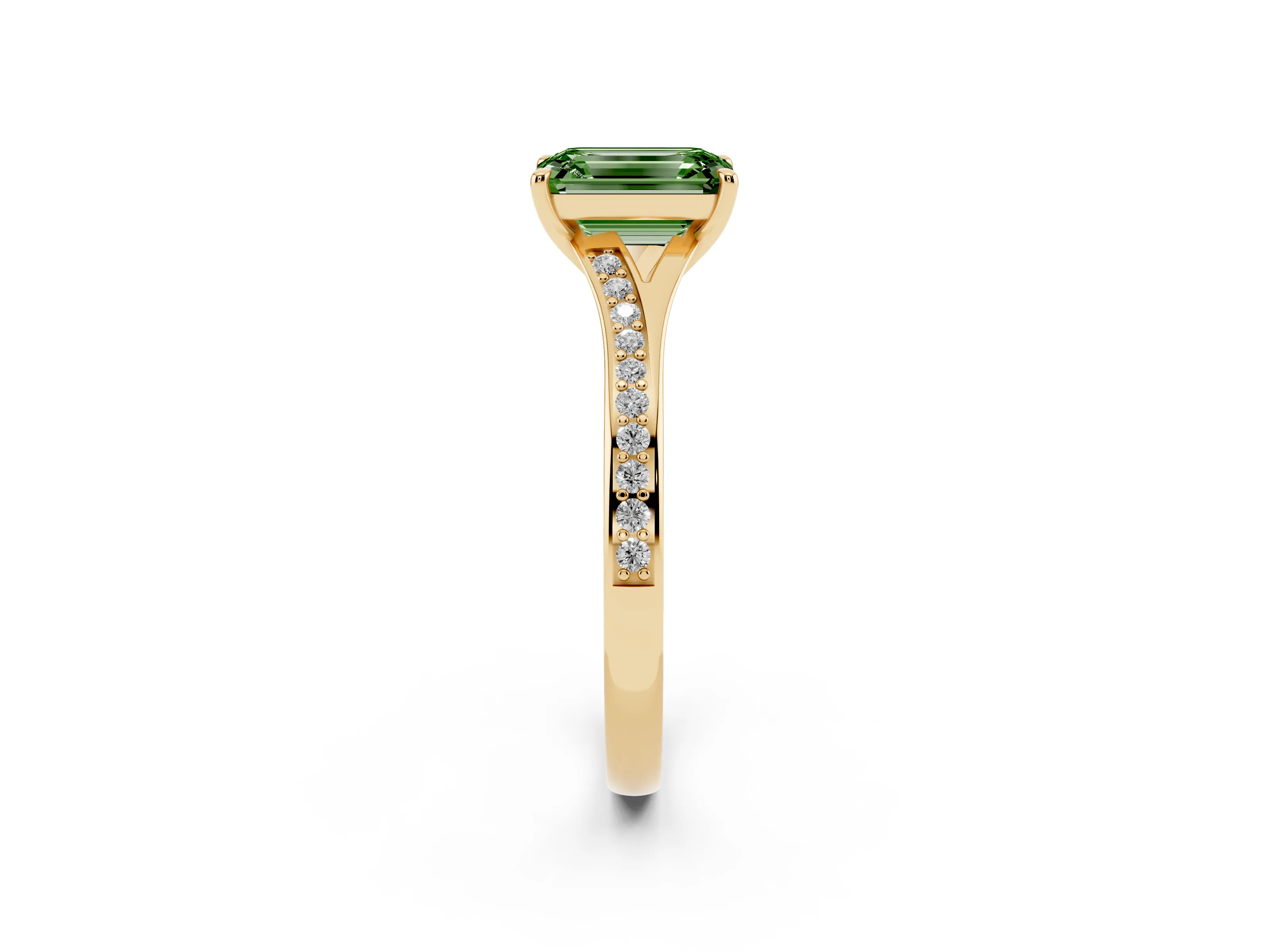 Fancy Green Emerald Cut Diamond Solitaire Ring Set in Yellow gold with Pavé Accent Band and Classic Prong Setting