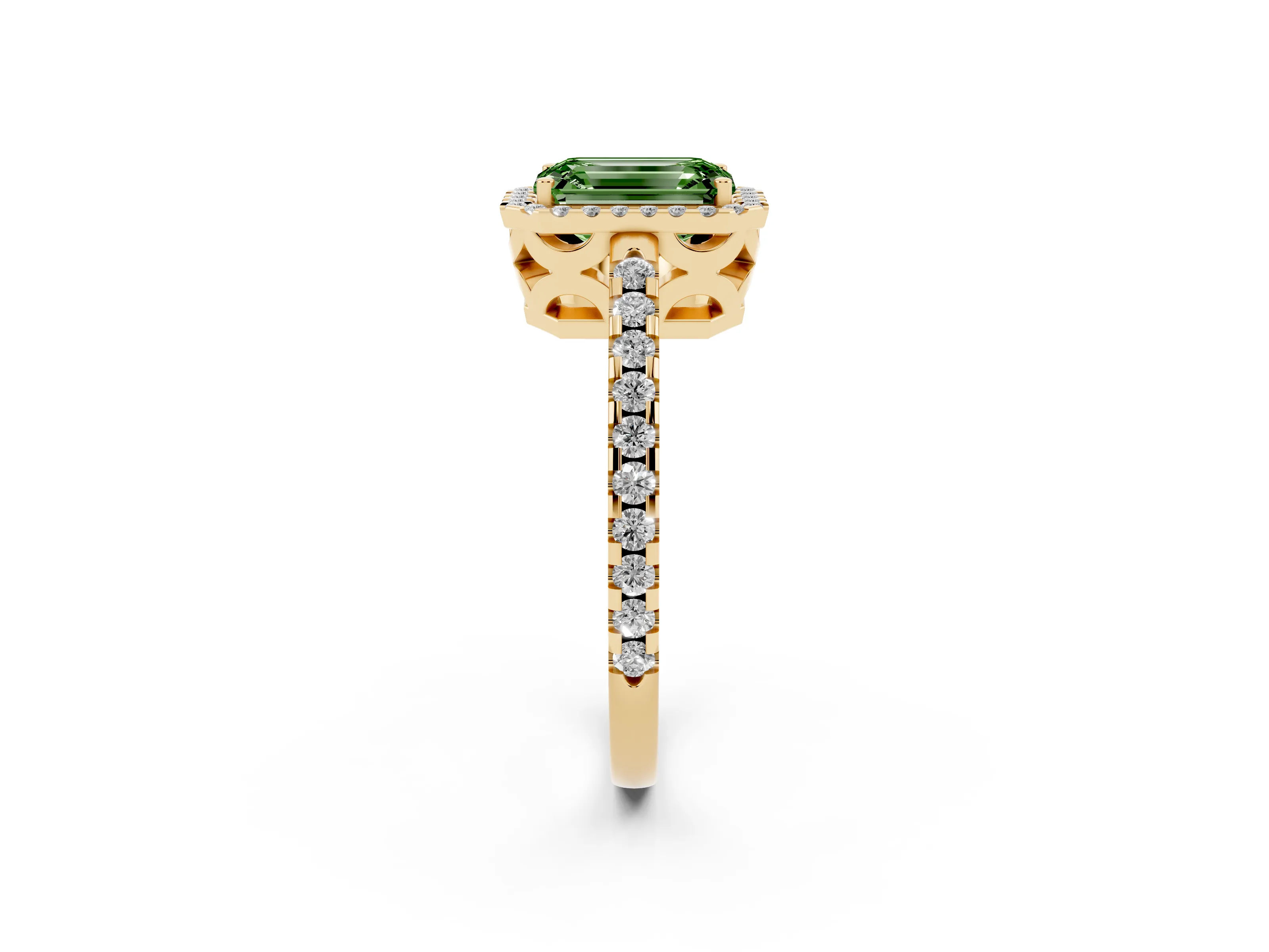 Fancy Green Emerald Cut Diamond Halo Ring Set in Yellow gold with Pavé Shoulders and Halo-Framed Center