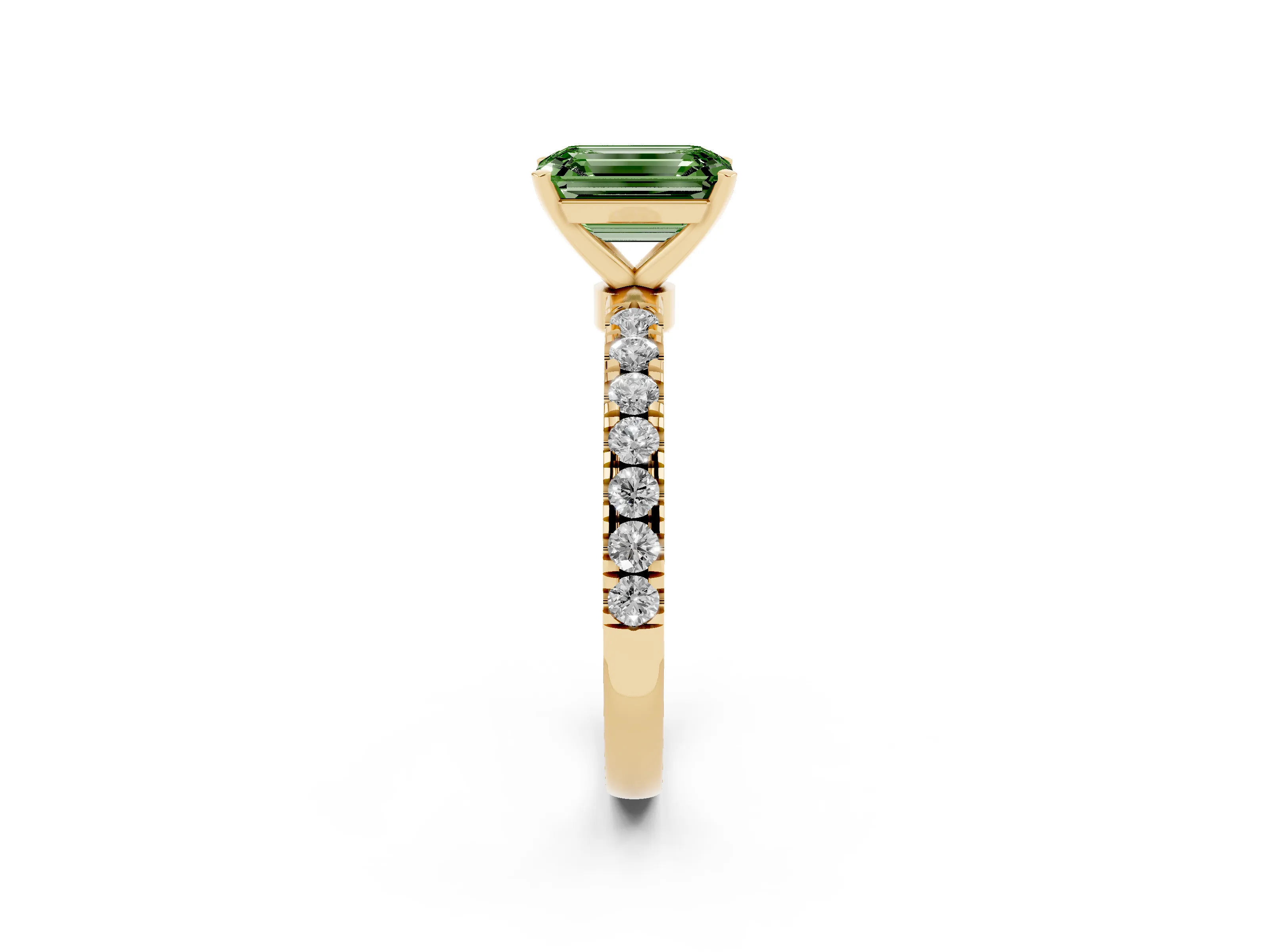 Fancy Green Emerald Cut Diamond Solitaire Ring Set in Yellow gold with Pavé Accents and Prong Setting