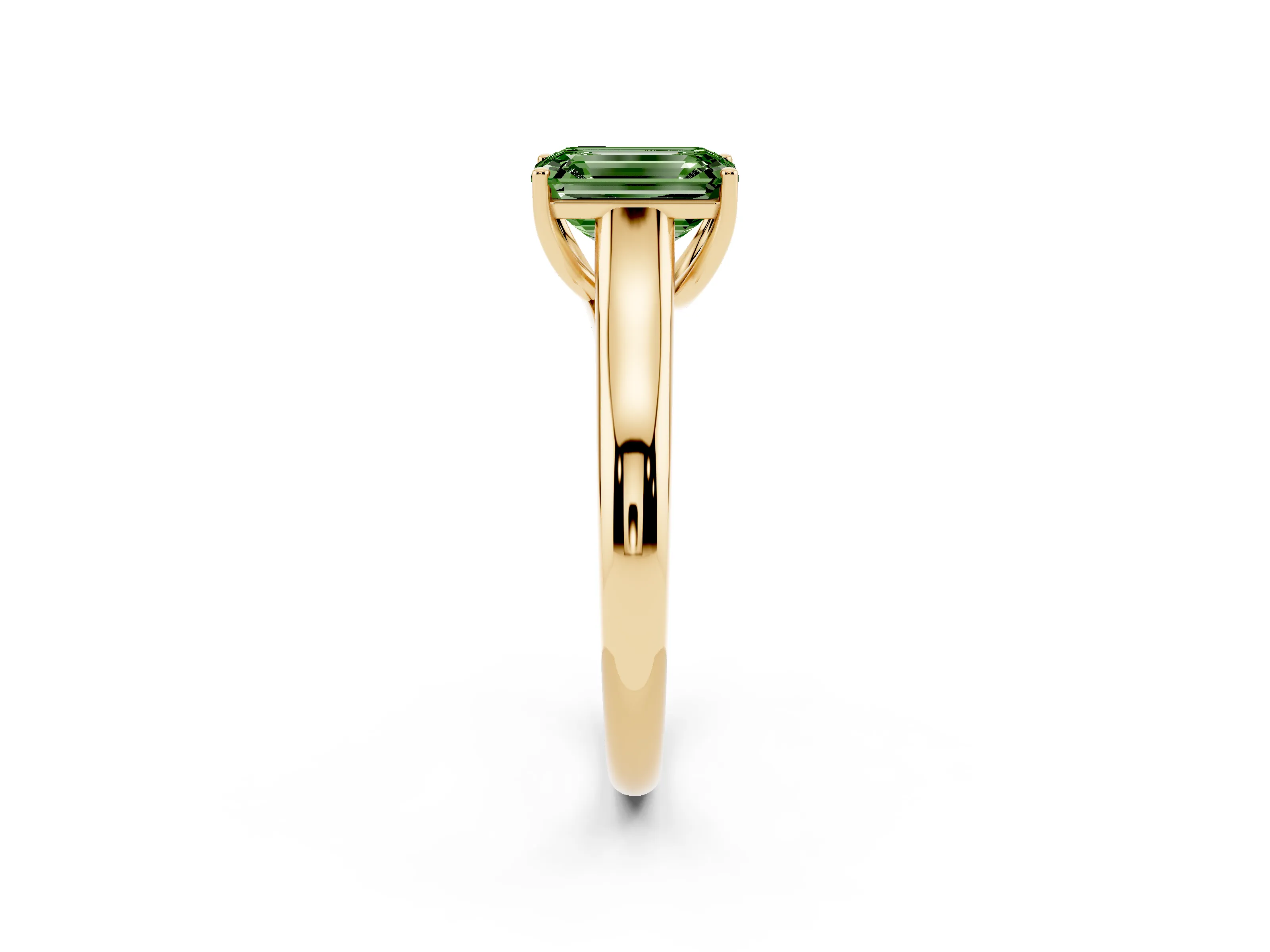 Fancy Green Emerald Cut Diamond Solitaire Engagement Ring Set in Yellow gold with Subtly Tapered Band and Prong Setting
