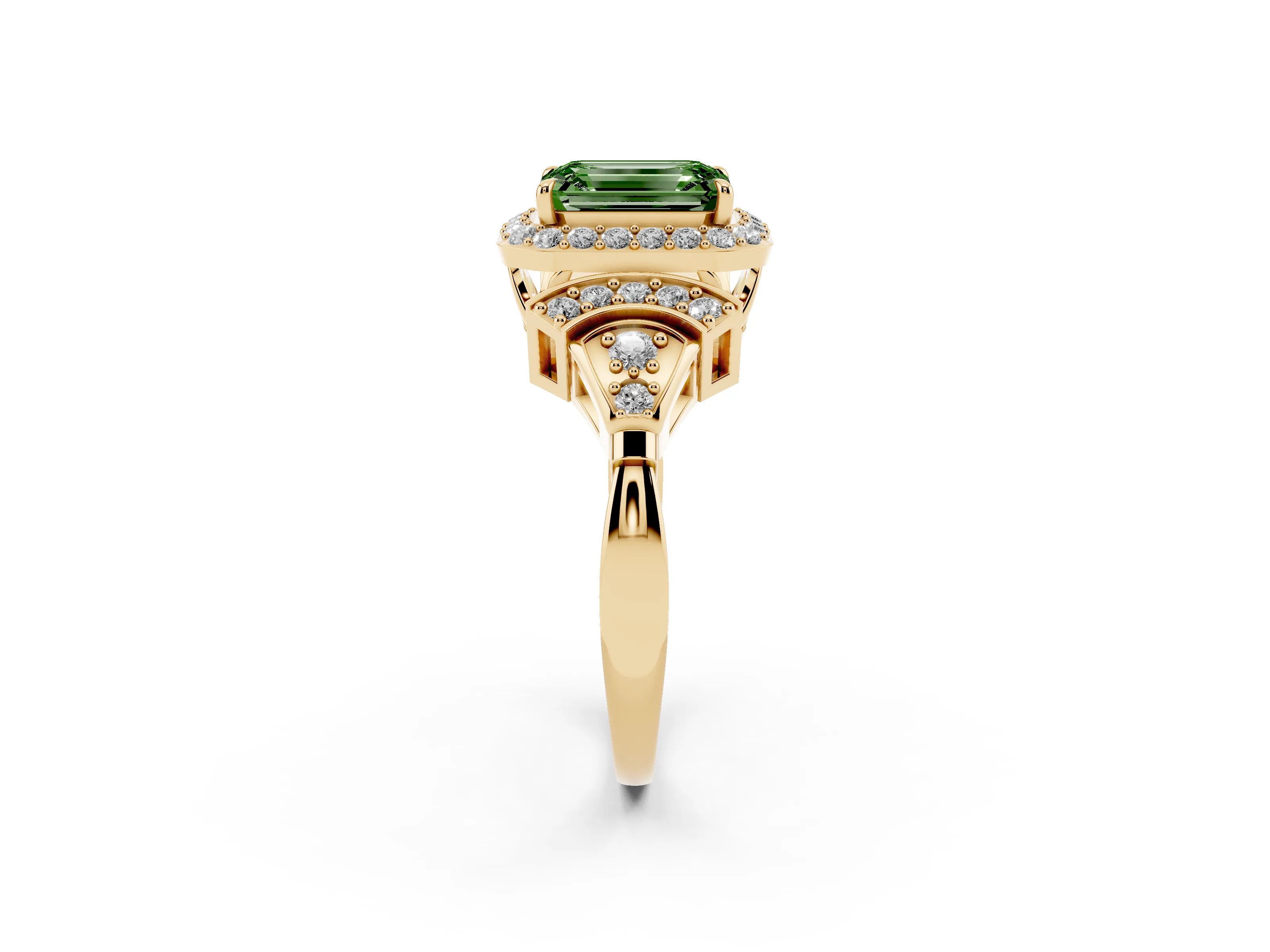 Fancy Green Emerald Cut Diamond Halo Engagement Ring Set in Yellow gold with Accent Stone Split Shank