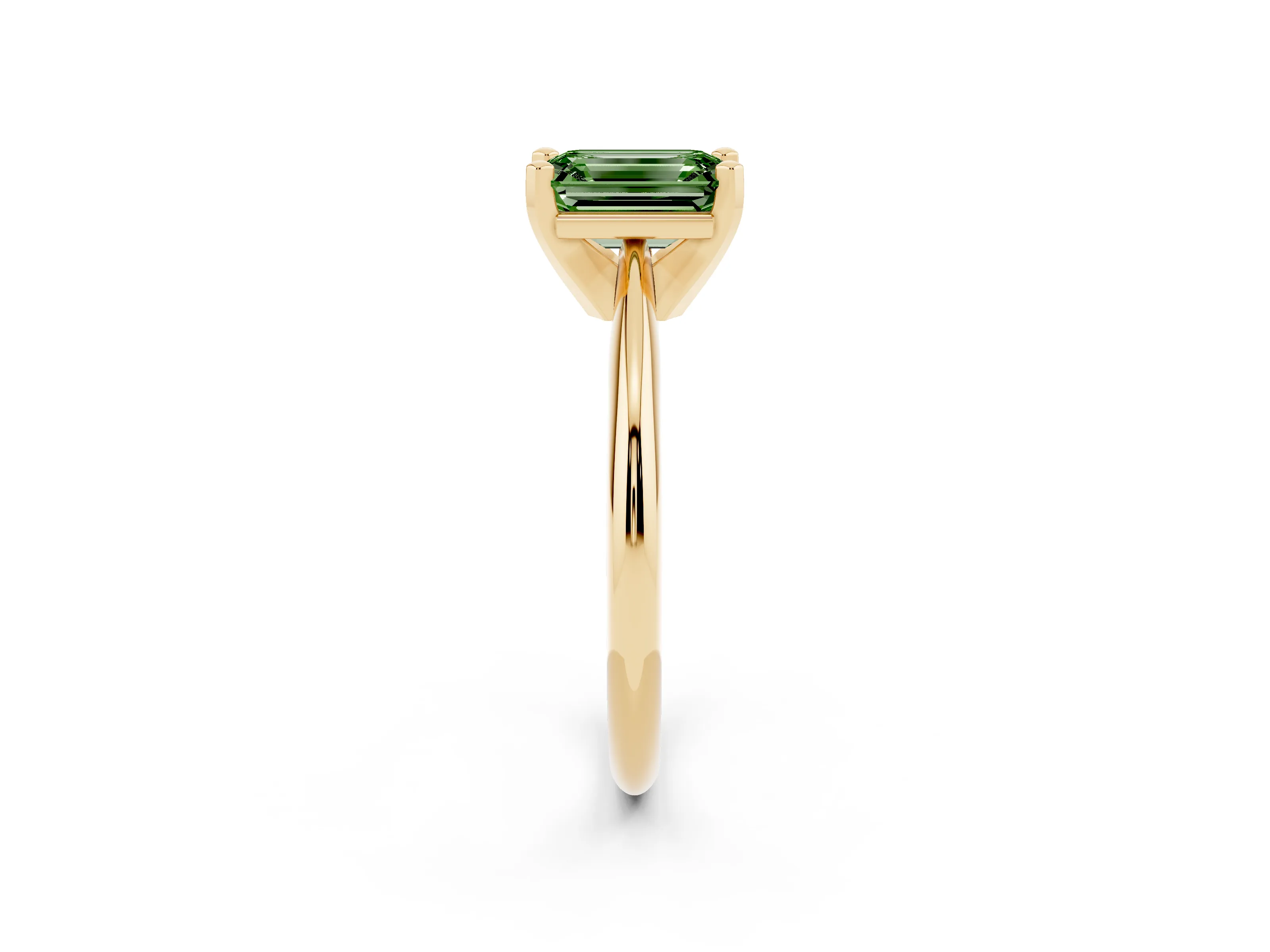 Fancy Green Emerald Cut Diamond Solitaire Ring Set in Yellow gold with Prong Setting on a Plain Round Band