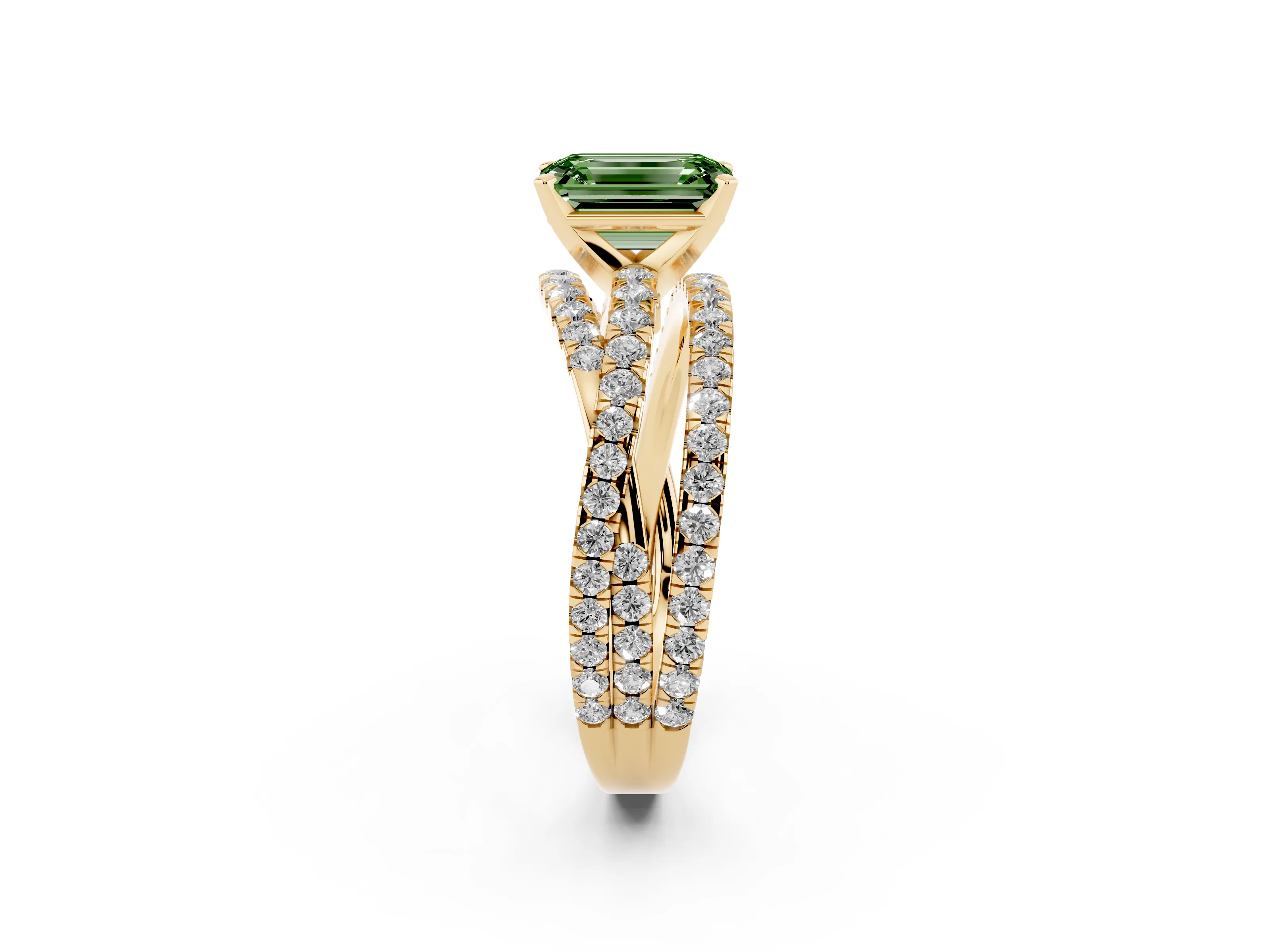 Fancy Green Emerald Cut Diamond Solitaire Twist Band Ring Set in Yellow gold with Pavé Setting and Prong Head