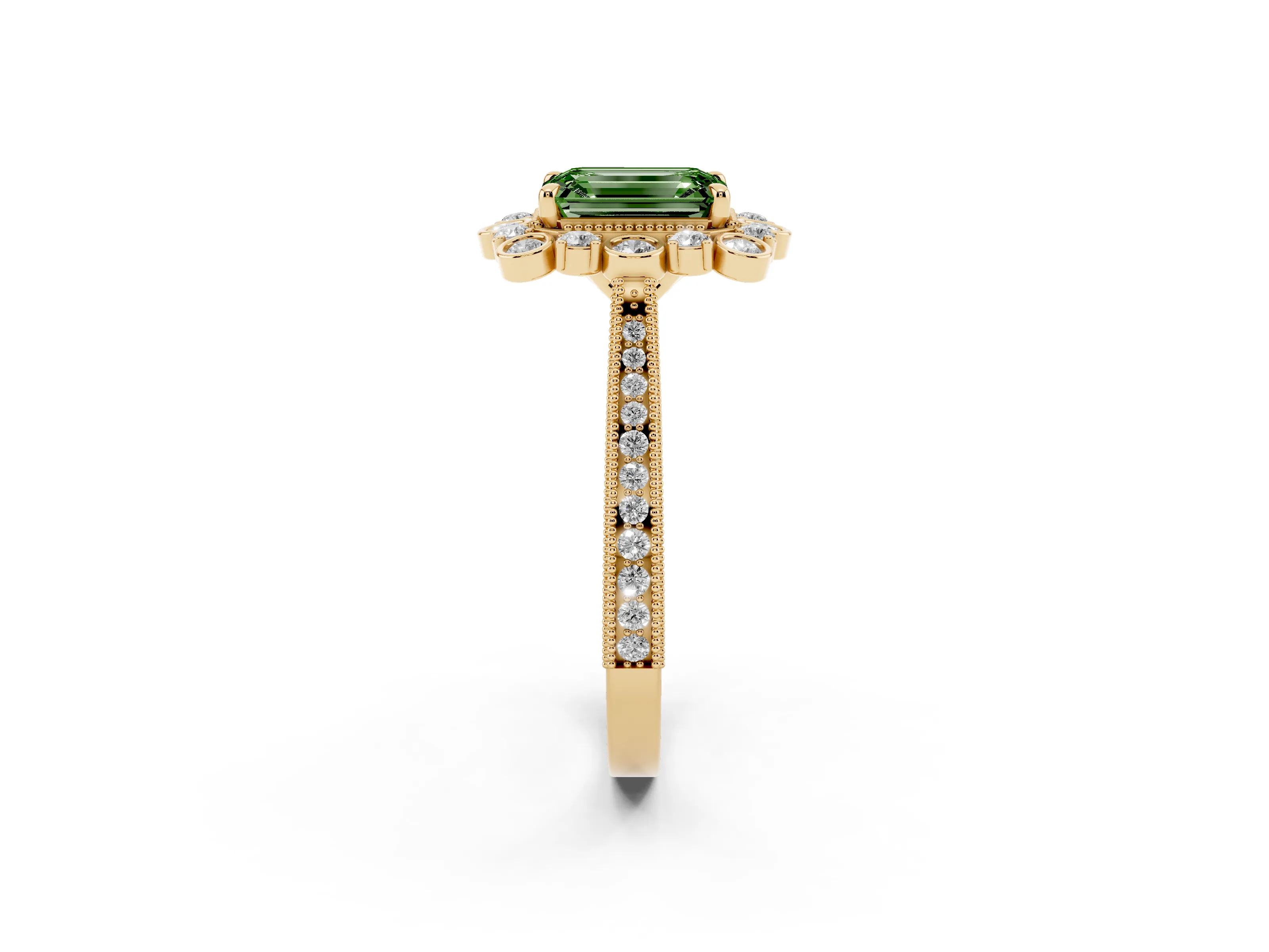 Fancy Green Emerald Cut Diamond Halo Milgrain Pavé Ring Set in Yellow gold with Prong Setting