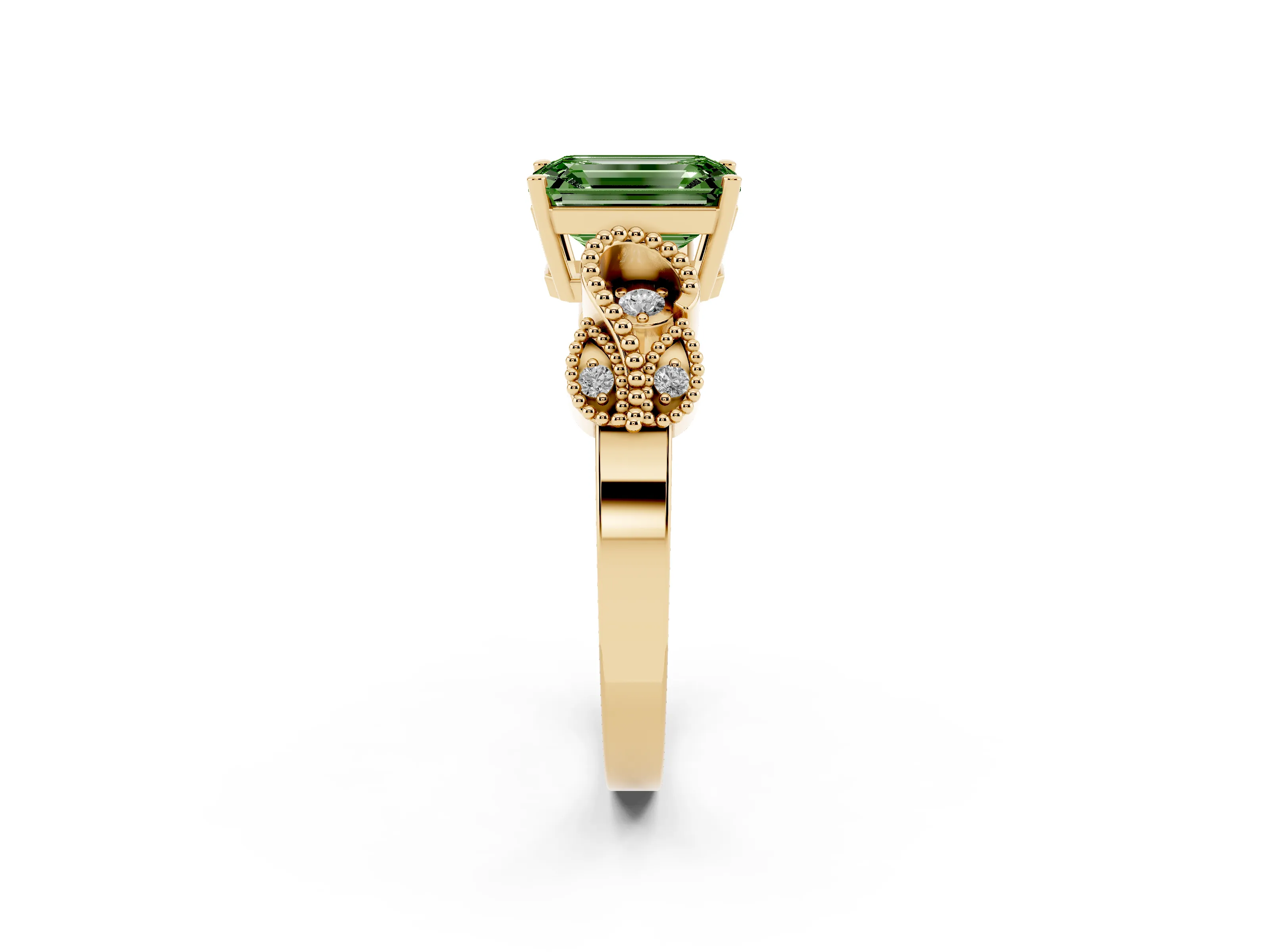 Fancy Green Emerald Cut Diamond Milgrain Leaf Band Solitaire Ring Set in Yellow gold with Accent Stones and Prong Setting