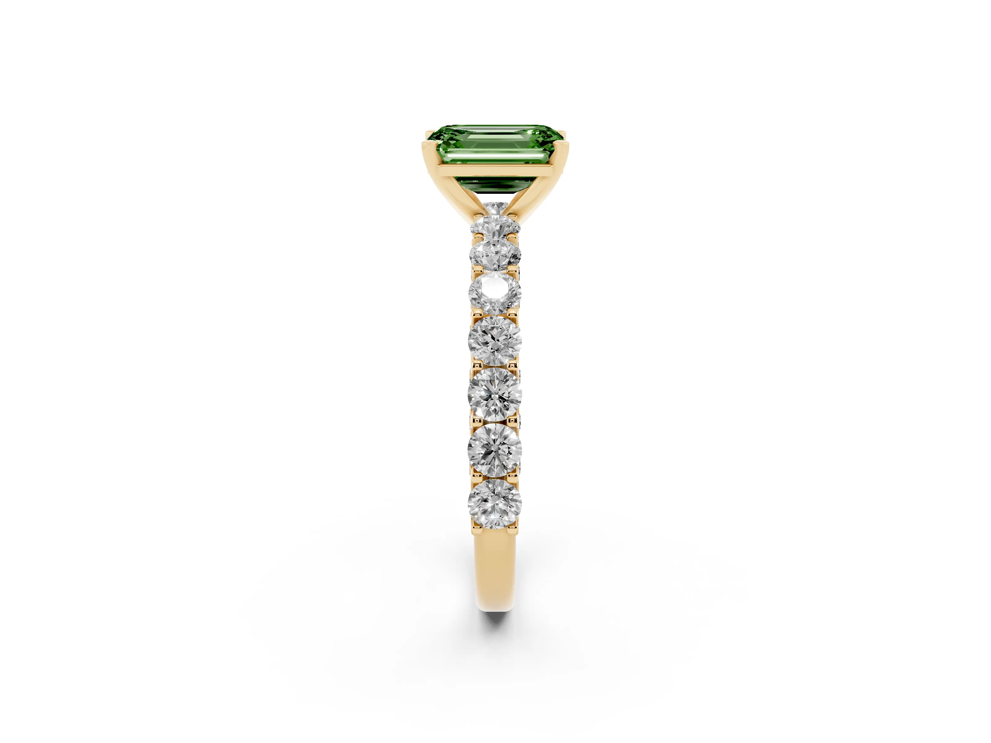 Fancy Green Emerald Cut Diamond Solitaire Ring Set in Yellow gold with Shared Prong Pavé Band