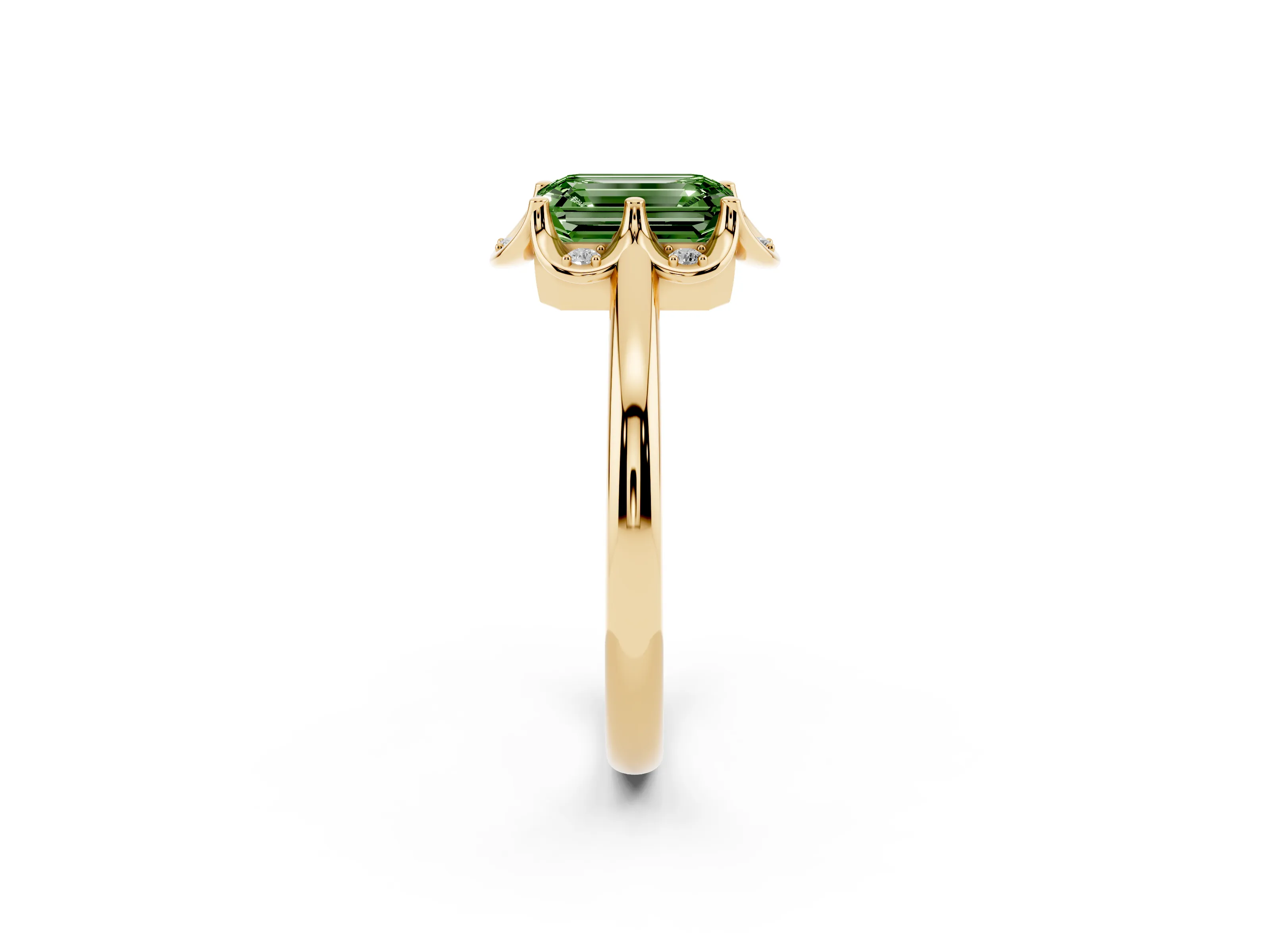 Fancy Green Emerald Cut Diamond Round Cluster Halo Ring Set in Yellow gold with Solitaire Band and Prong Setting